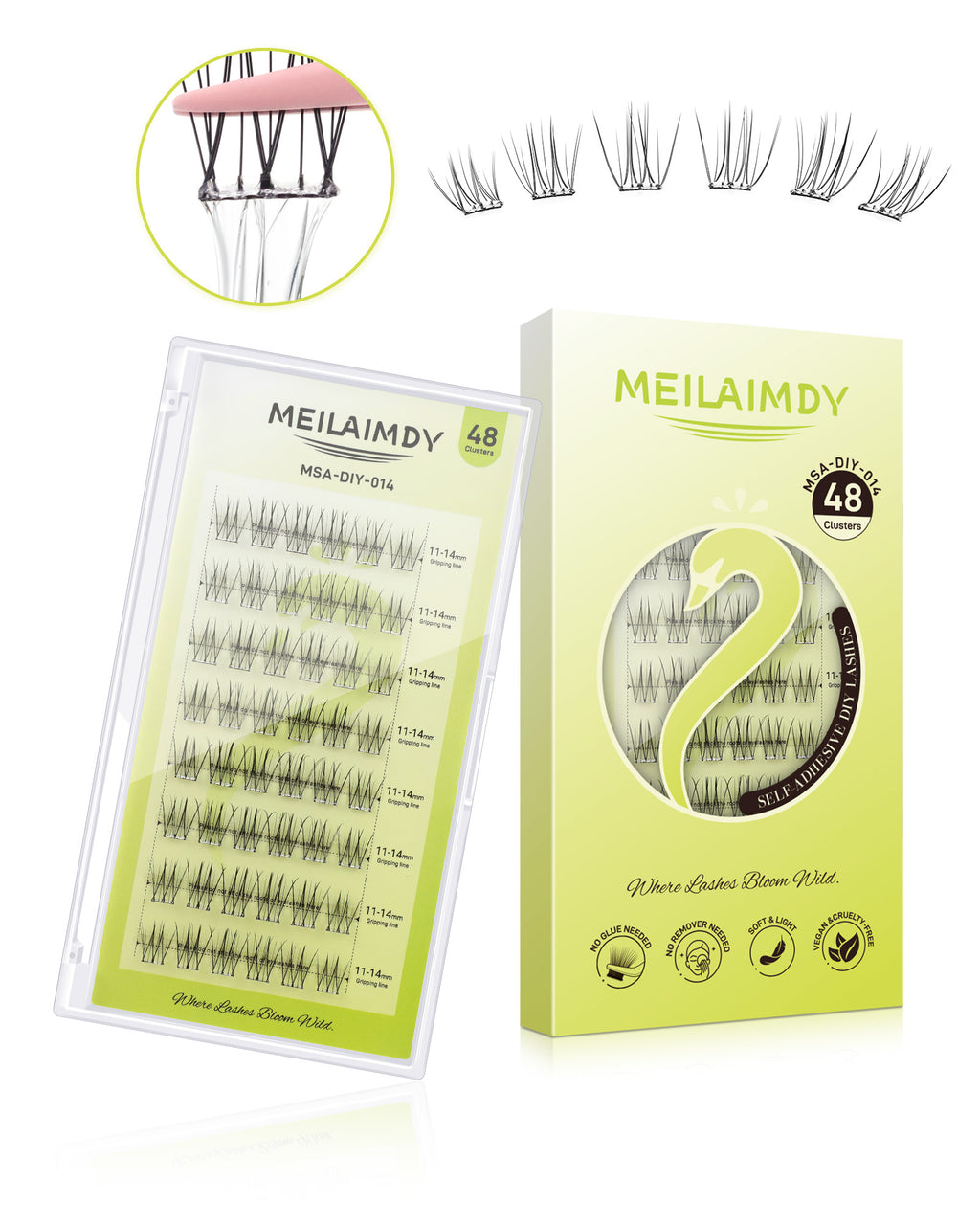 MEILAIMDY Self Adhesive DIY Lashes,0.07mm C Curl 48 Clusters 11-14mm Mixed Length Pre Glued False Eyelashes No Glue Needed Natural Wispy MSA-DIY-014