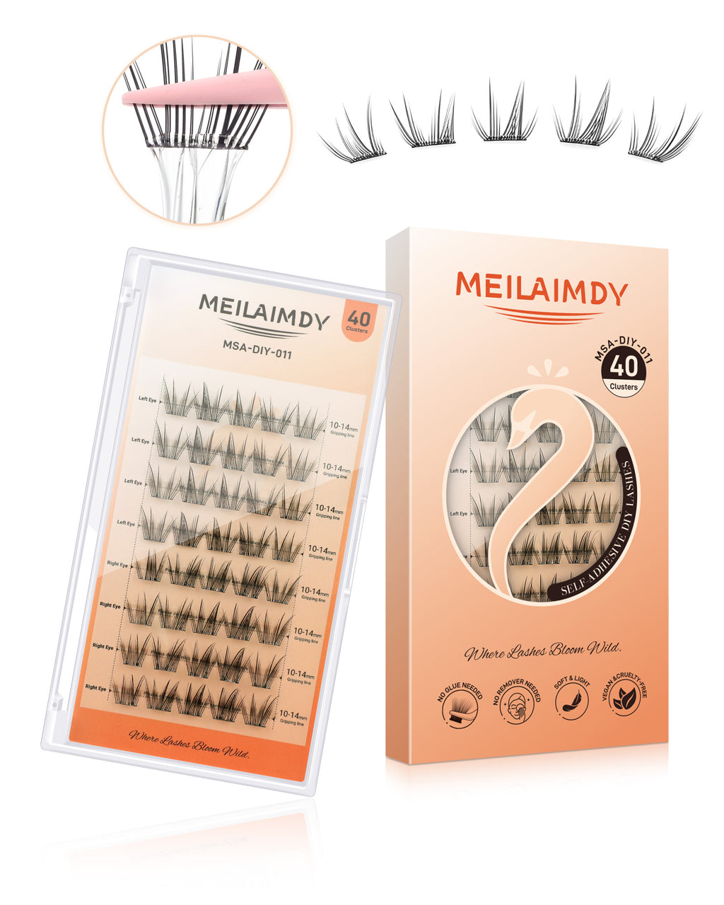 MEILAIMDY Self Adhesive DIY Lashes,0.07mm C Curl 40 Clusters 10-14mm Mixed Length Pre Glued False Eyelashes No Glue Needed Wispy MSA-DIY-011