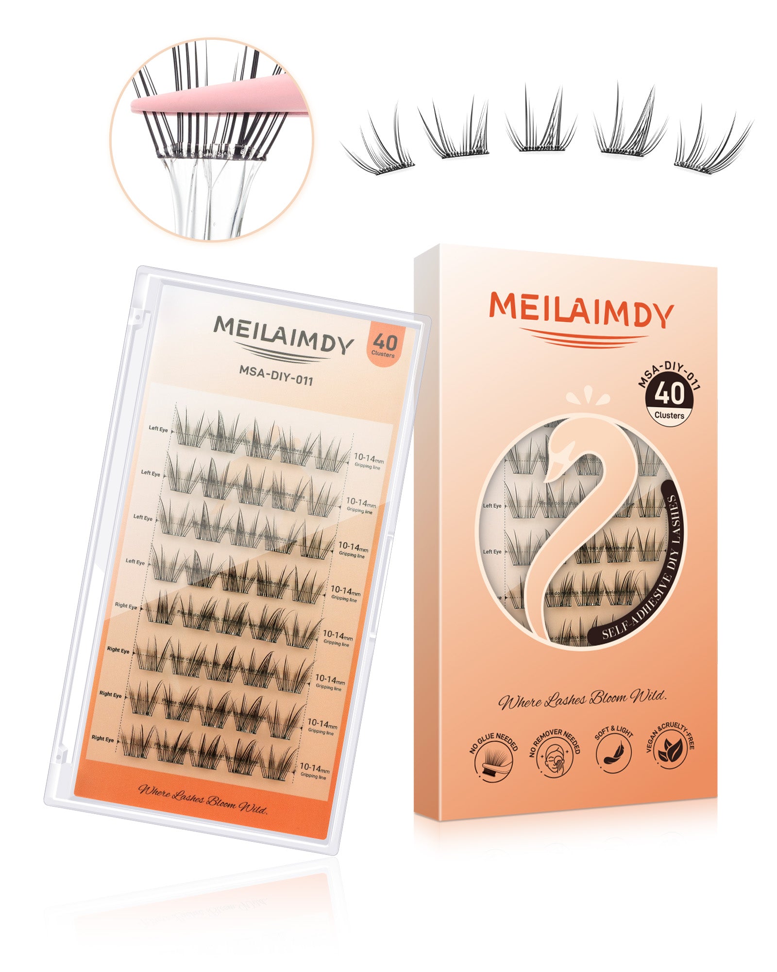 MEILAIMDY Self Adhesive DIY Lashes,0.07mm C Curl 40 Clusters 10-14mm Mixed Length Pre Glued False Eyelashes No Glue Needed Wispy MSA-DIY-011