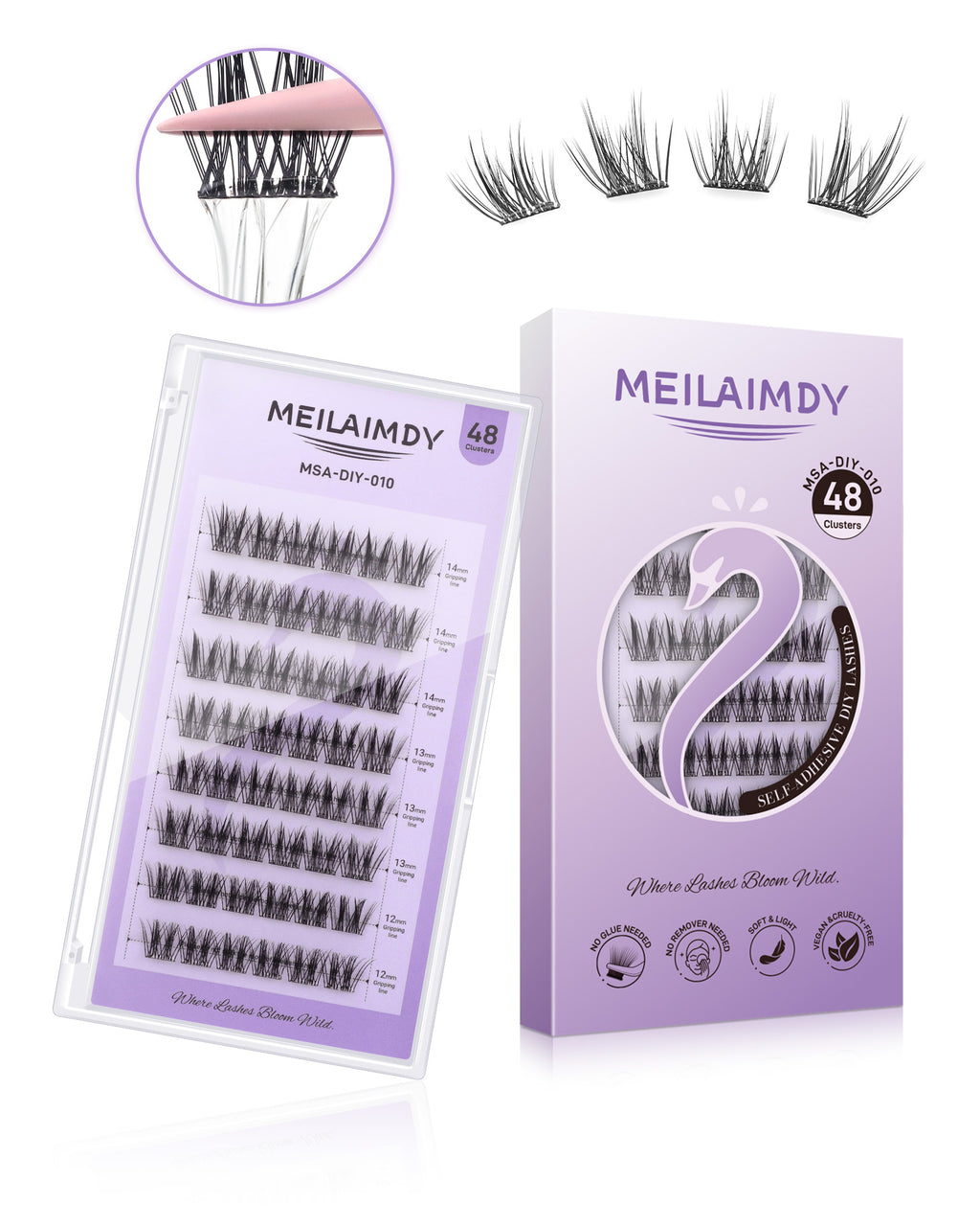 MEILAIMDY Self Adhesive DIY Lashes,0.07mm C Curl 48 Clusters 12-14mm Mixed Length Pre Glued False Eyelashes No Glue Needed Natural Wispy MSA-DIY-010