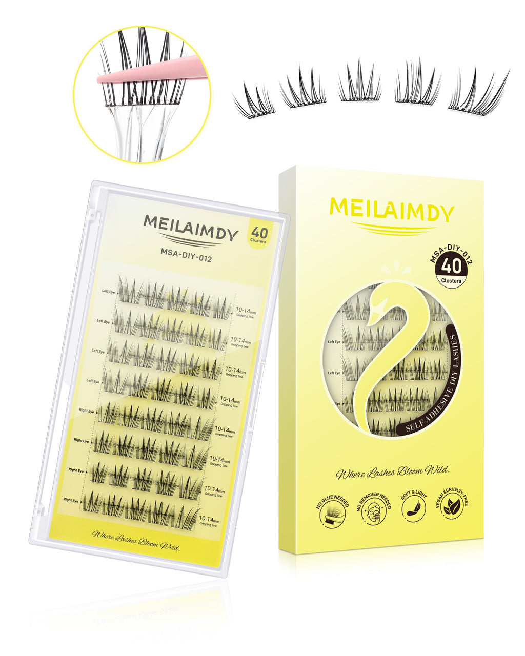 MEILAIMDY Self Adhesive DIY Lashes,0.07mm C Curl 40 Clusters 10-14mm Mixed Length Pre Glued False Eyelashes No Glue Needed Wispy MSA-DIY-012