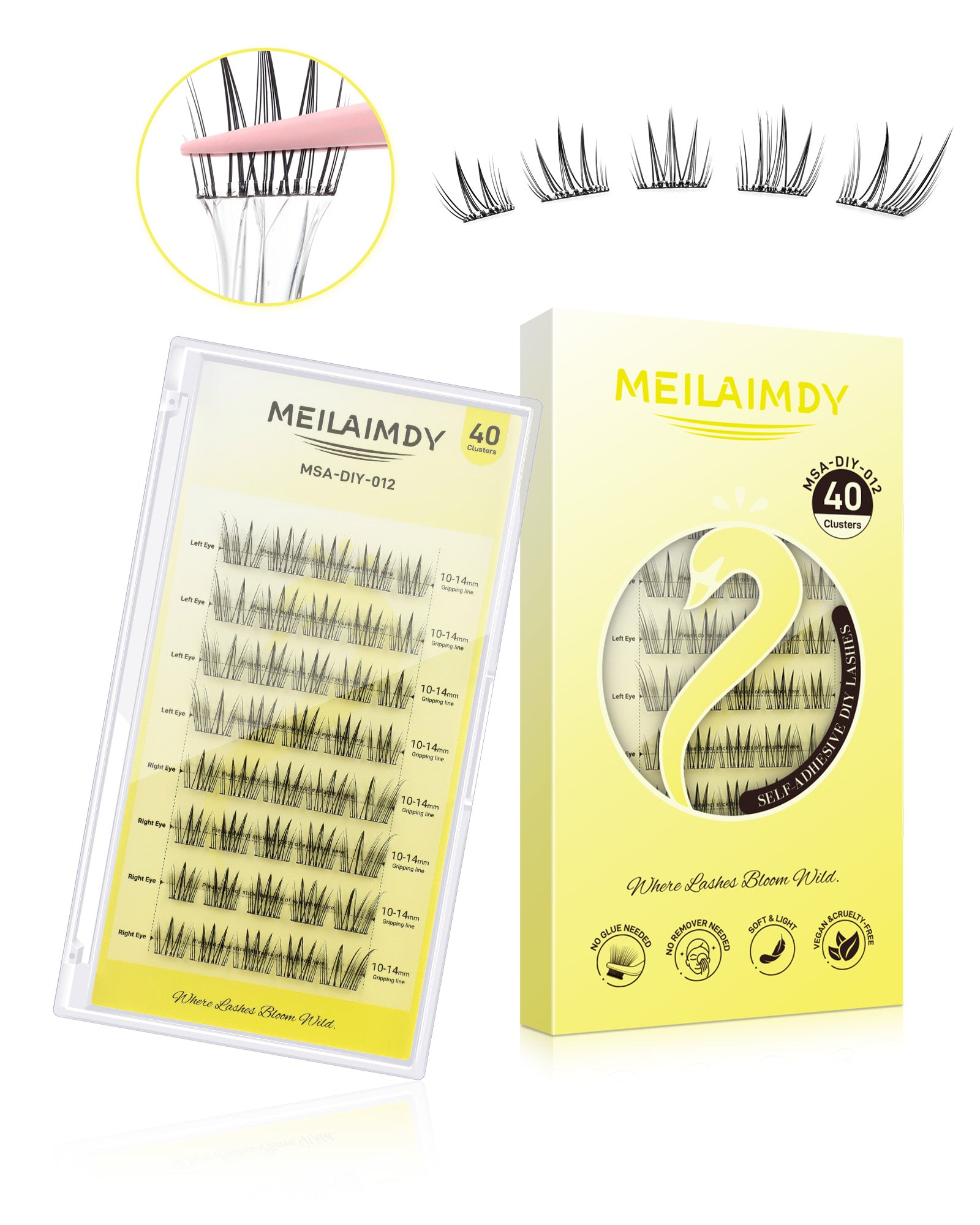MEILAIMDY Self Adhesive DIY Lashes,0.07mm C Curl 40 Clusters 10-14mm Mixed Length Pre Glued False Eyelashes No Glue Needed Wispy MSA-DIY-012