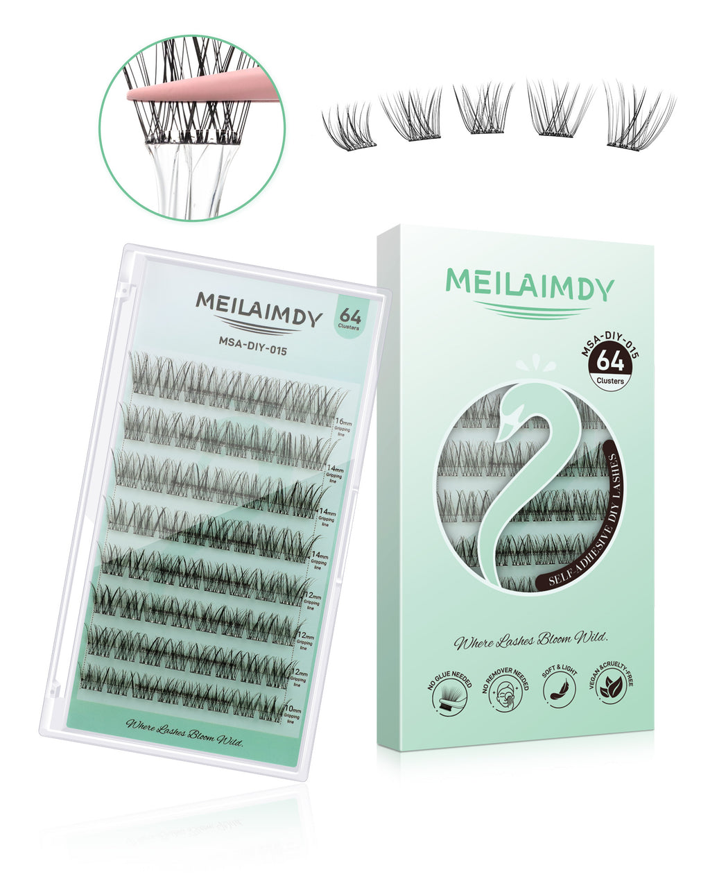 MEILAIMDY Self Adhesive DIY Lashes,0.07mm C Curl 64 Clusters 10-16mm Mixed Length Pre Glued False Eyelashes No Glue Needed Natural Wispy MSA-DIY-015