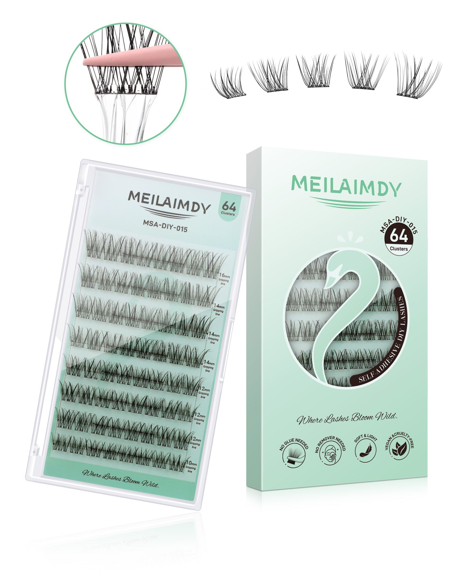 MEILAIMDY Self Adhesive DIY Lashes,0.07mm C Curl 64 Clusters 10-16mm Mixed Length Pre Glued False Eyelashes No Glue Needed Natural Wispy MSA-DIY-015