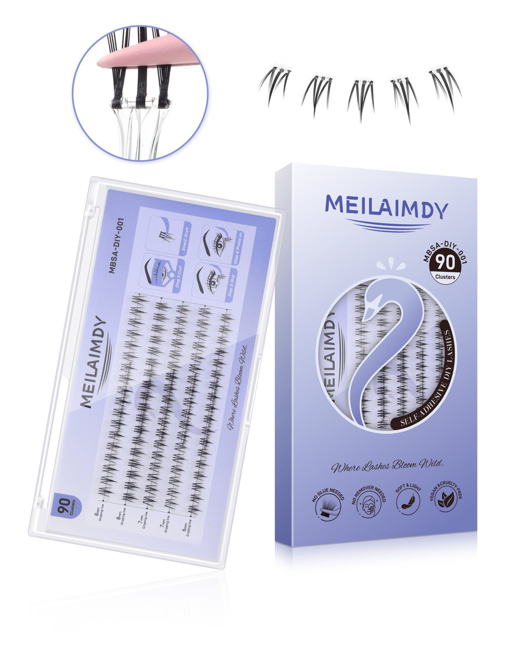MEILAIMDY Self Adhesive DIY Bottom Lashes,0.07mm J Curl 90 Clusters 6-8mm Mixed Length Pre Glued Lower Eyelashes No Glue Needed Natural MBSA-DIY-001