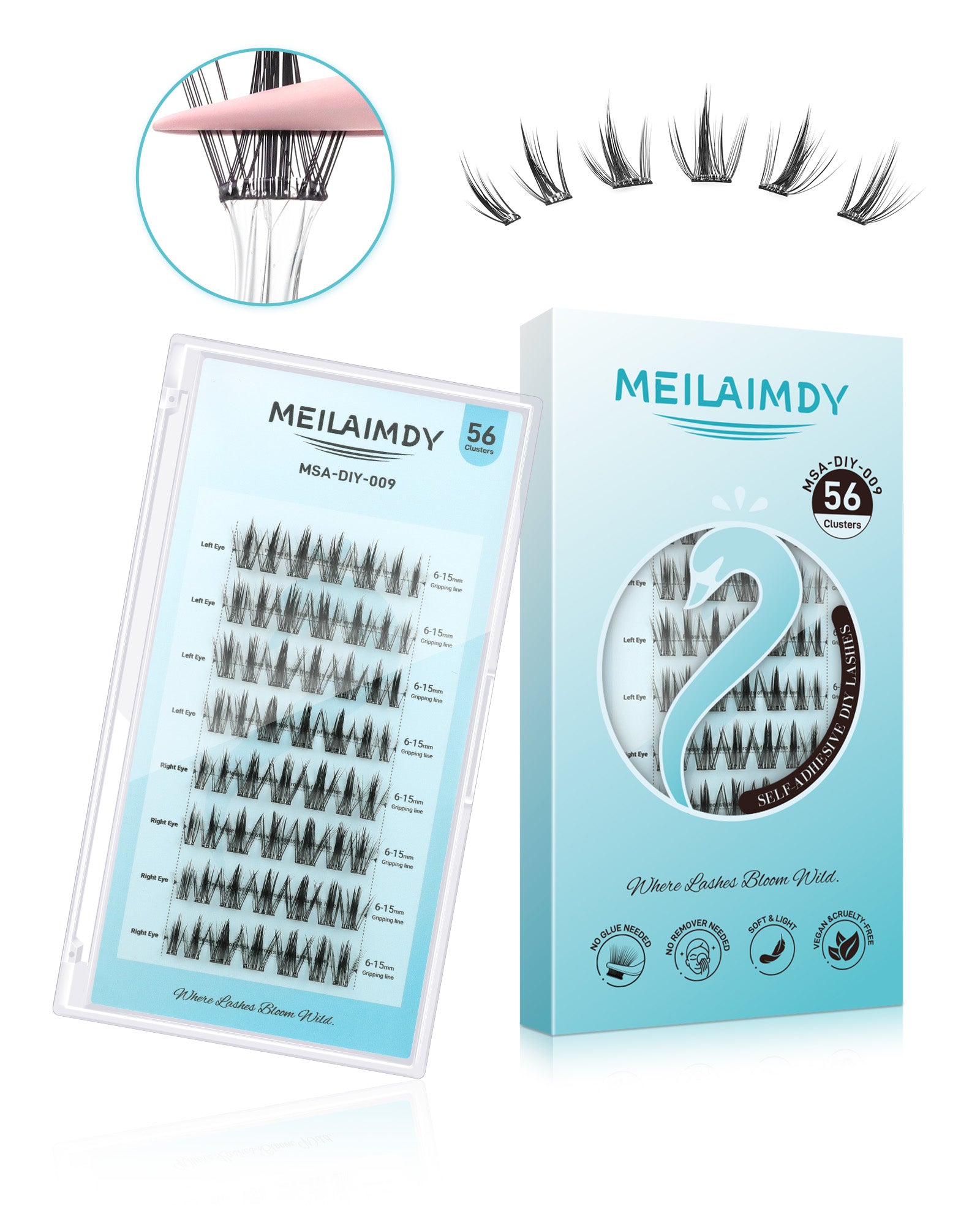 MEILAIMDY Self Adhesive DIY Lashes,0.07mm C Curl 56 Clusters 6-15mm Mixed Length Pre Glued False Eyelashes No Glue Needed Wispy Makeup MSA-DIY-009