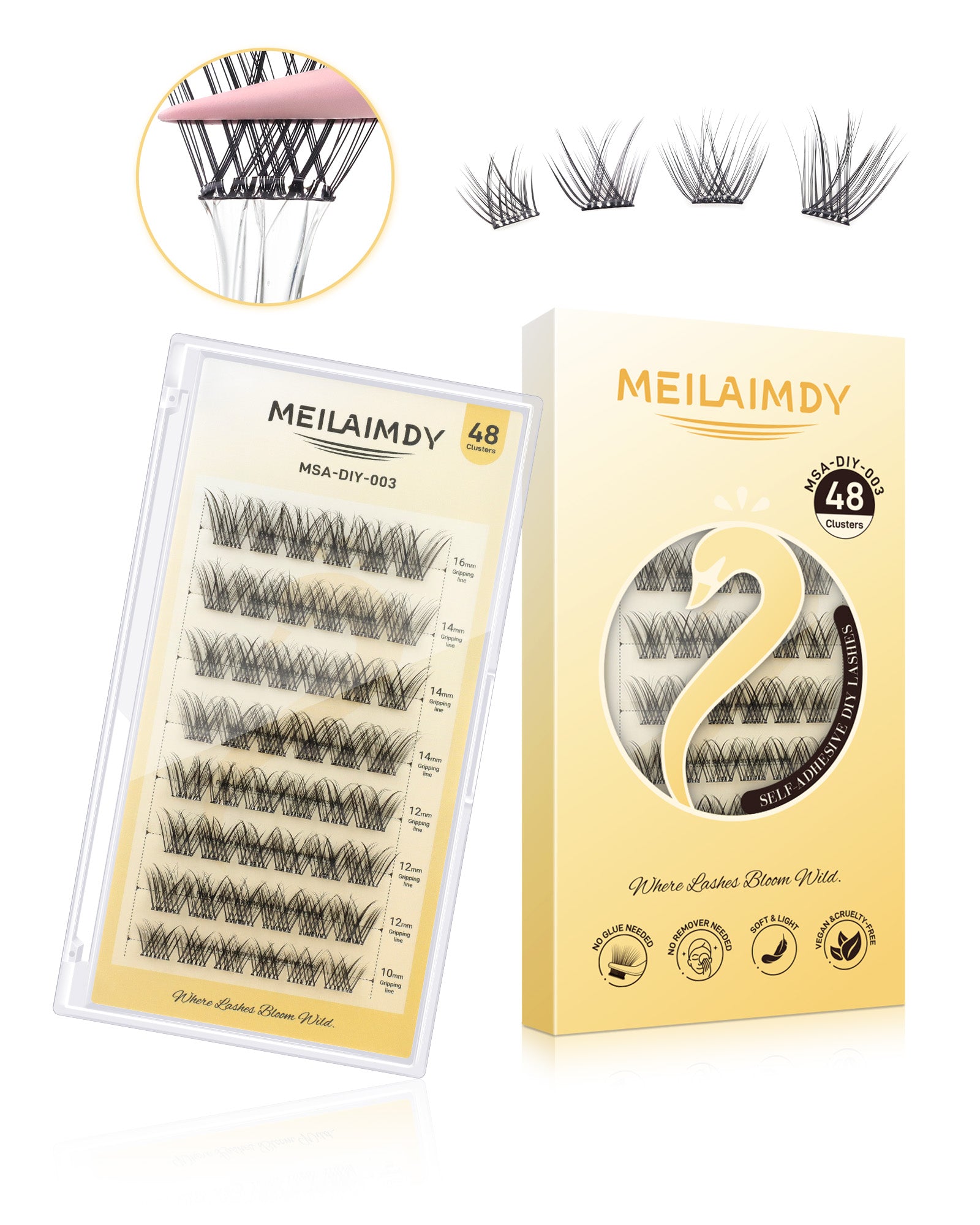 MEILAIMDY Self Adhesive DIY Lashes,0.07mm C Curl 48 Clusters 10-16mm Mixed Length Pre Glued False Eyelashes No Glue Needed Volume MSA-DIY-003