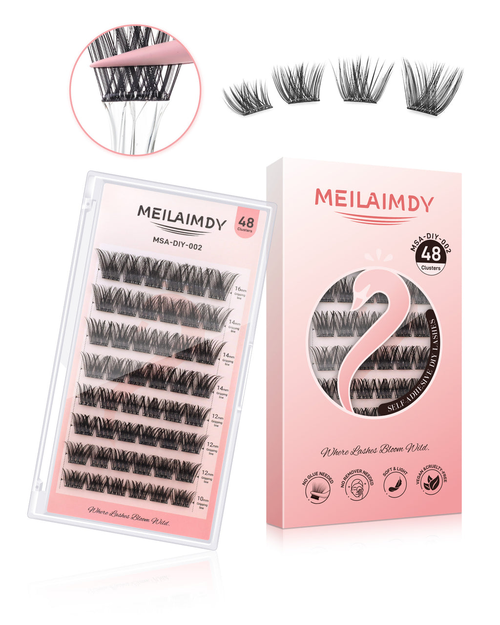 MEILAIMDY Self Adhesive DIY Lashes,0.07mm C Curl 48 Clusters 10-16mm Mixed Length Pre Glued False Eyelashes No Glue Needed Volume MSA-DIY-002