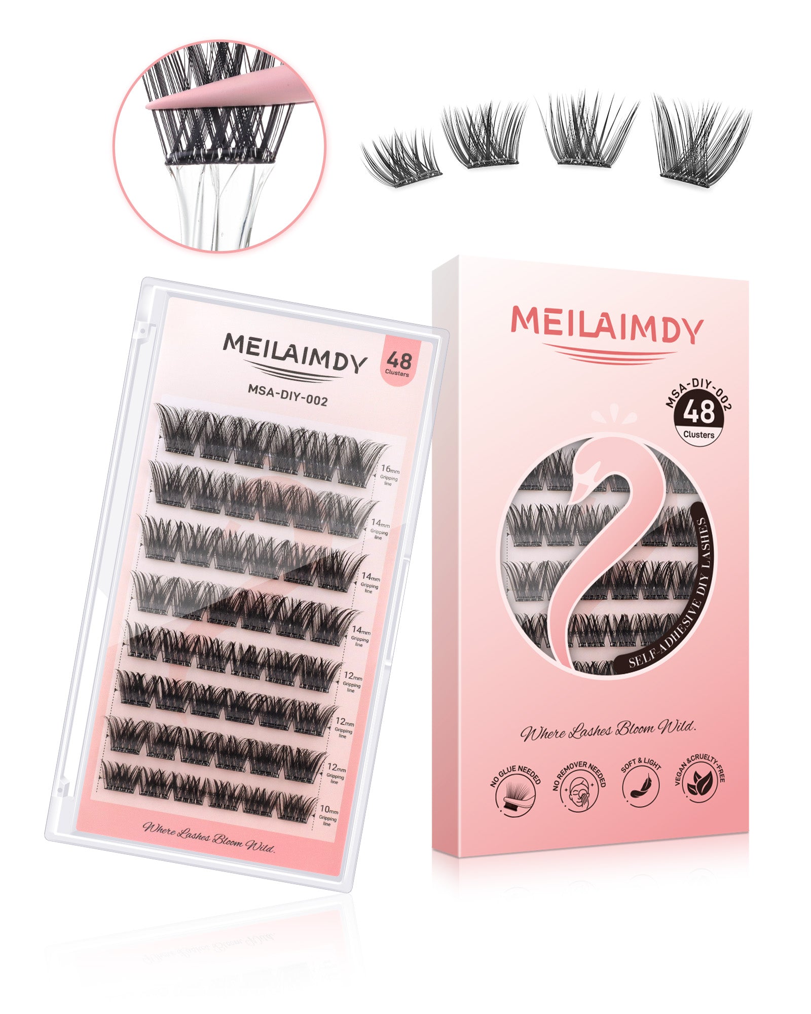 MEILAIMDY Self Adhesive DIY Lashes,0.07mm C Curl 48 Clusters 10-16mm Mixed Length Pre Glued False Eyelashes No Glue Needed Volume MSA-DIY-002
