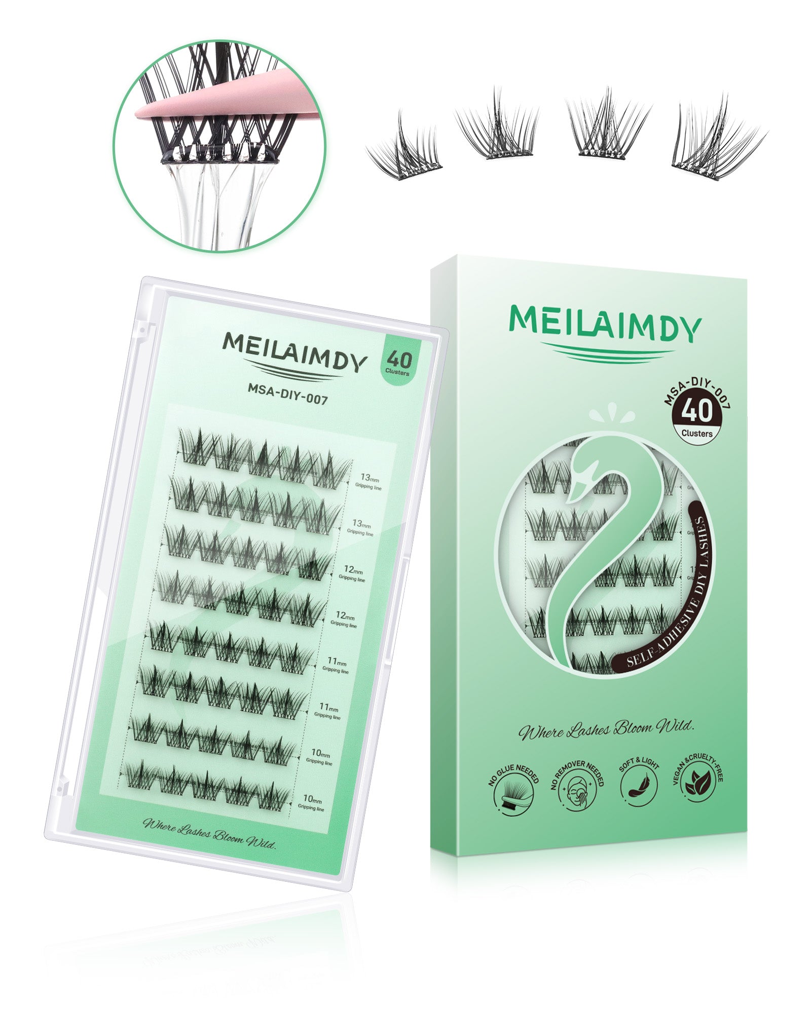 MEILAIMDY Self Adhesive DIY Lashes,0.07mm C Curl 40 Clusters 10-13mm Mixed Length Pre Glued False Eyelashes No Glue Needed Natural MSA-DIY-007