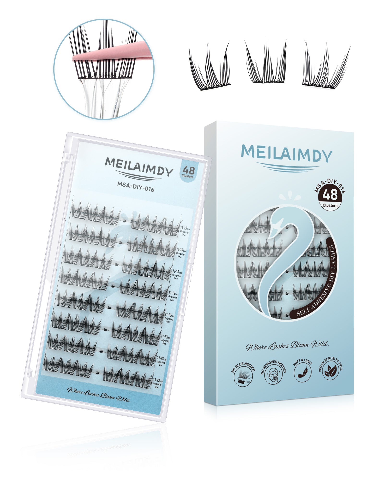 MEILAIMDY Self Adhesive DIY Lashes,0.07mm C Curl 48 Clusters 11-13mm Mixed Length  Pre Glued False Eyelashes No Glue Needed Natural Wispy MSA-DIY-016