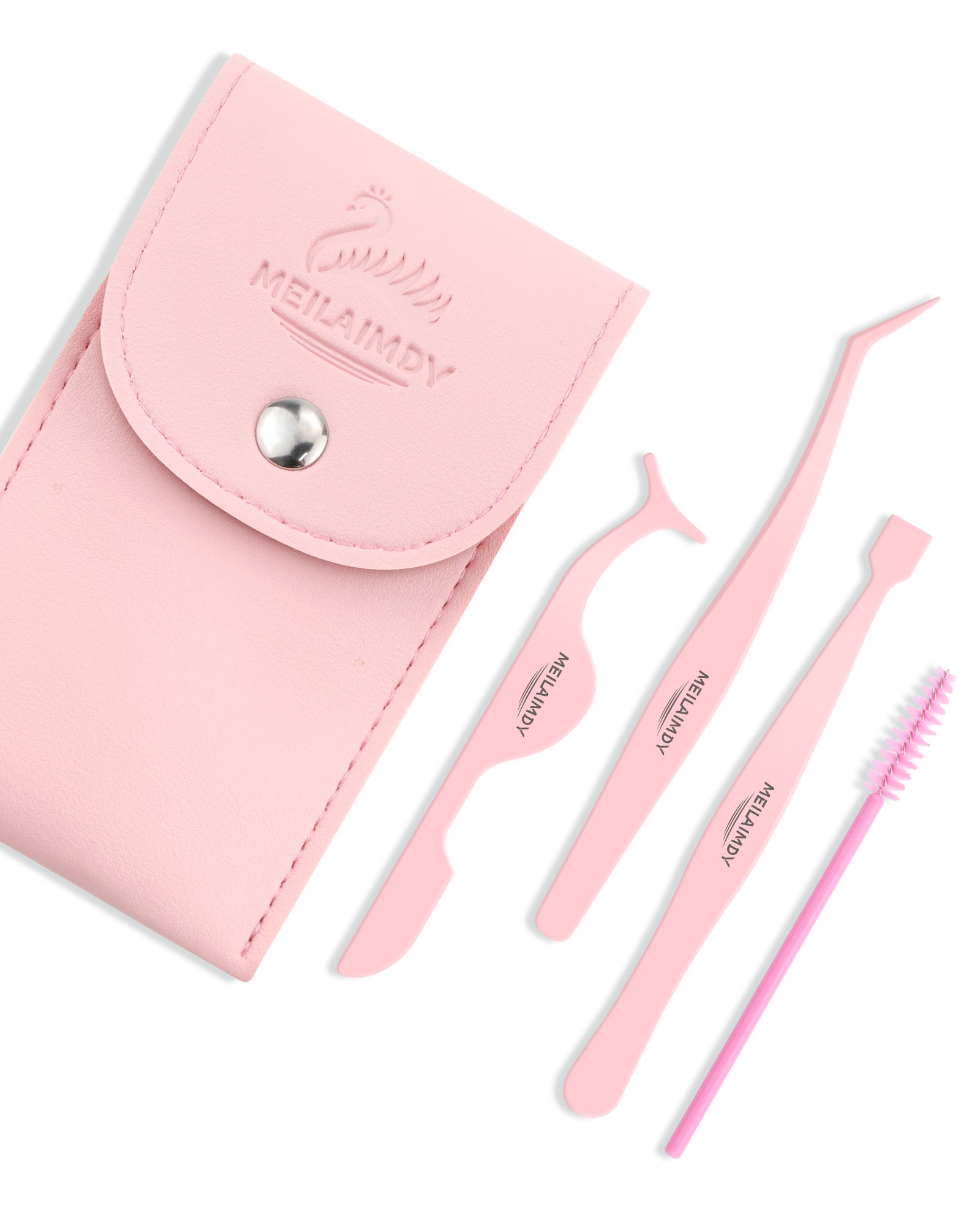 MEILAIMDY 4-in-1 DIY Lash Tweezer Set, Non-Stick Pink Eyelash Applicator Tools with 3 PCS Tweezers & Lash Brush for Upper & Bottom Cluster Lashes Lightweight