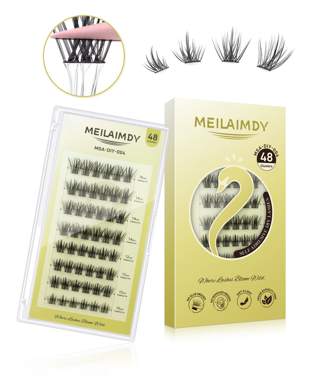 MEILAIMDY Self Adhesive DIY Lashes,0.07mm C Curl 48 Clusters 10-16mm Mixed Length Pre Glued False Eyelashes No Glue Needed Natural MSA-DIY-004