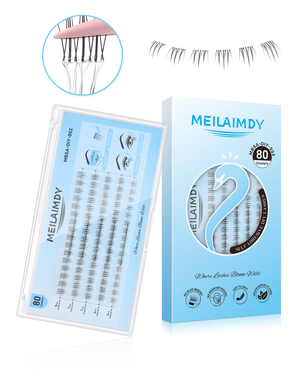 MEILAIMDY Self Adhesive DIY Bottom Lashes,0.07mm J Curl 80 Clusters 5-8mm Mixed Length Pre Glued Lower Eyelashes No Glue Needed Natural MBSA-DIY-002