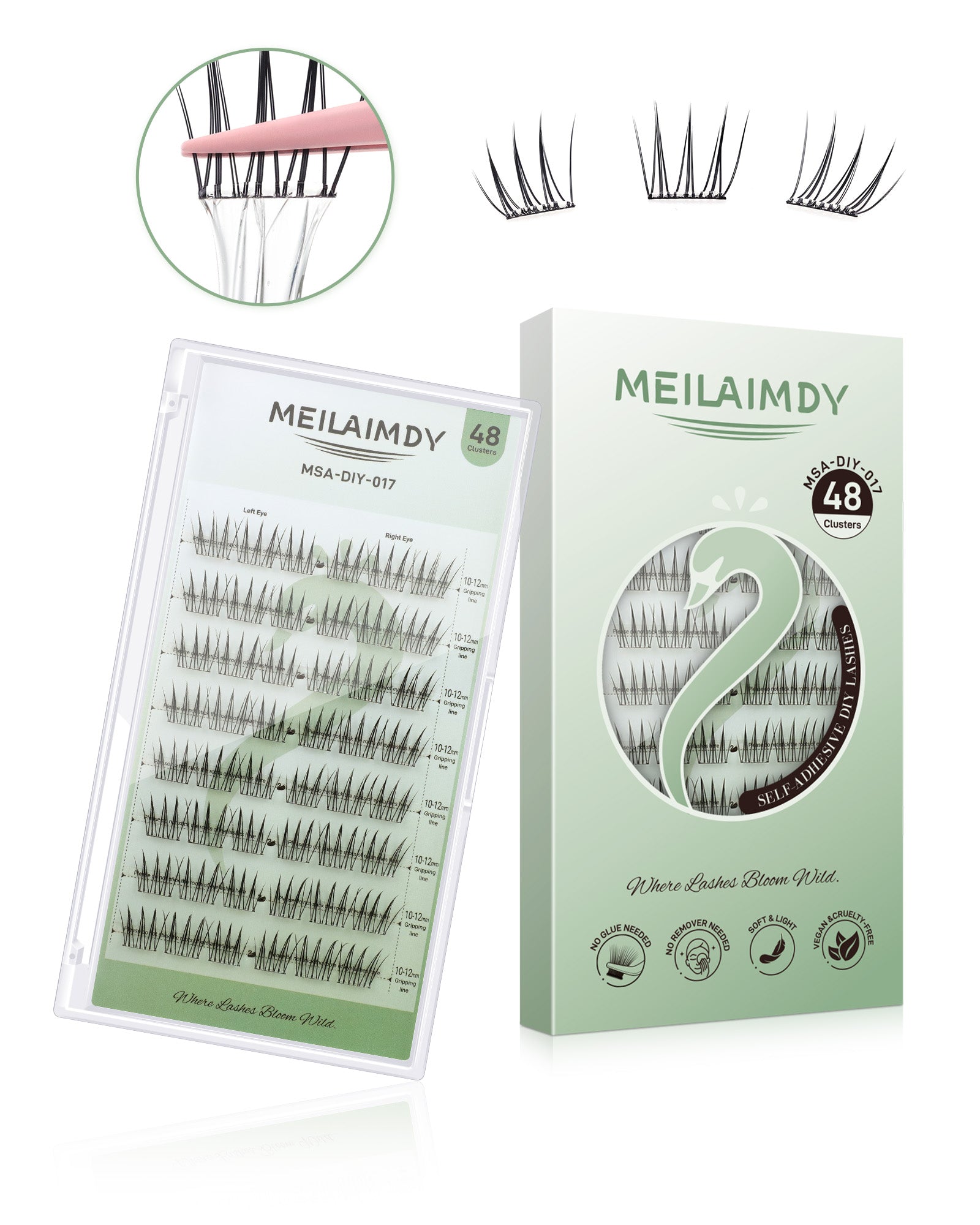 MEILAIMDY Self Adhesive DIY Lashes,0.07mm C Curl 48 Clusters 10-12mm Mixed Length Pre Glued False Eyelashes No Glue Needed Natural Wispy MSA-DIY-017