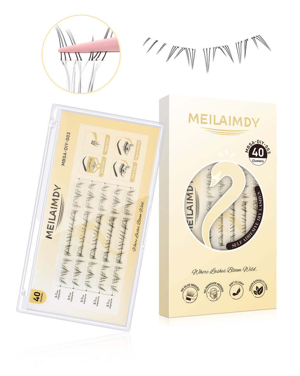 MEILAIMDY Self Adhesive DIY Bottom Lashes,0.07mm J Curl 40 Clusters 5-7mm Mixed Length Pre Glued Lower Eyelashes No Glue Needed Natural MBSA-DIY-003