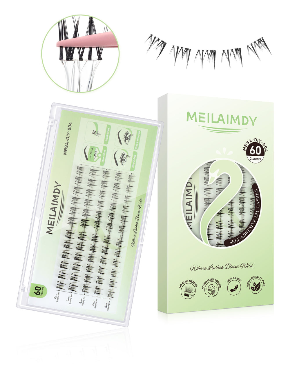 MEILAIMDY Self Adhesive DIY Bottom Lashes,0.07mm J Curl 60 Clusters 5-7mm Mixed Length Pre Glued Lower Eyelashes No Glue Needed Natural MBSA-DIY-004