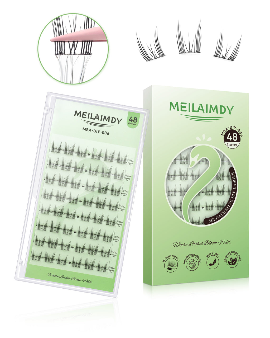 MEILAIMDY Self Adhesive DIY Lashes,0.07mm C Curl 48 Clusters 11-13mm Mixed Length Pre Glued False Eyelashes No Glue Needed Natural MSA-DIY-006