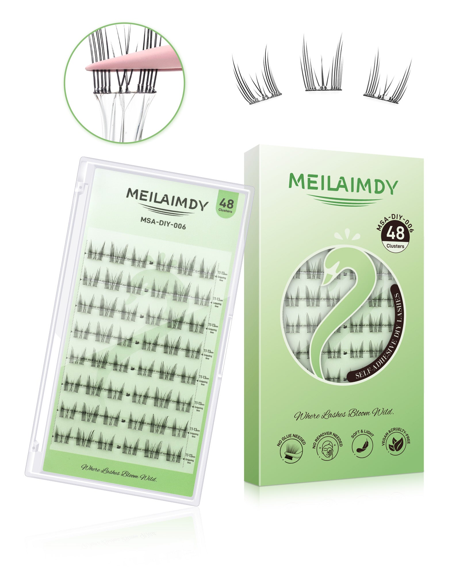 MEILAIMDY Self Adhesive DIY Lashes,0.07mm C Curl 48 Clusters 11-13mm Mixed Length Pre Glued False Eyelashes No Glue Needed Natural MSA-DIY-006