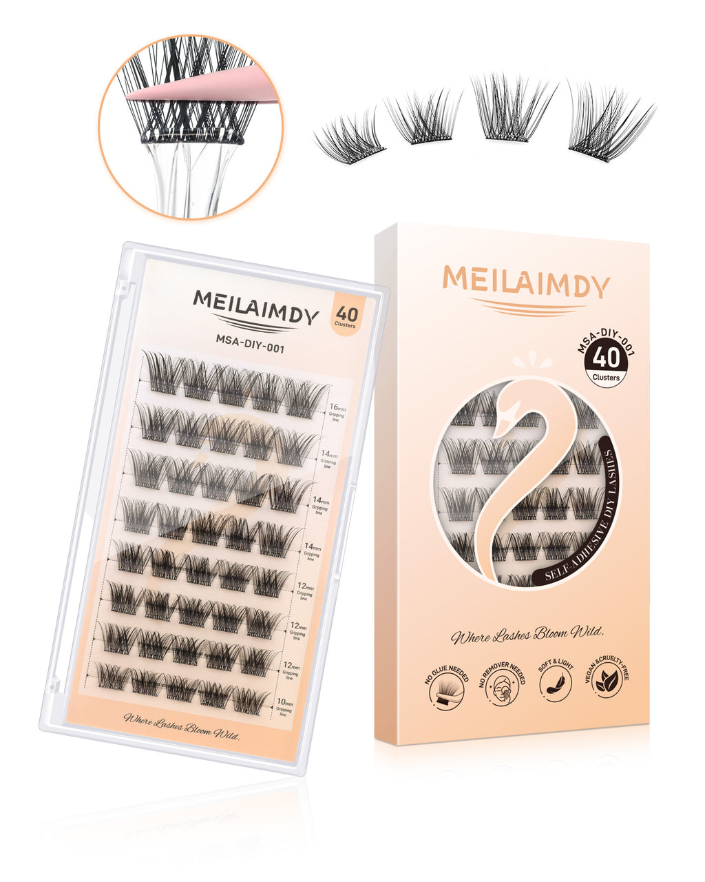 MEILAIMDY Self Adhesive DIY Lashes,0.07mm C Curl 40 Clusters 10-16mm Mixed Length Pre Glued False Eyelashes No Glue Needed Natural MSA-DIY-001