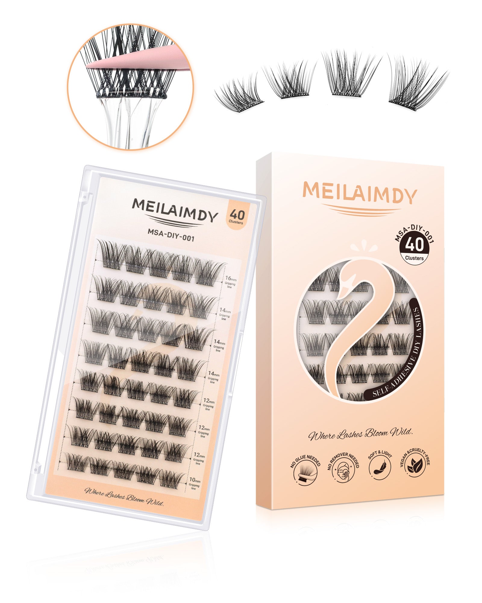 MEILAIMDY Self Adhesive DIY Lashes,0.07mm C Curl 40 Clusters 10-16mm Mixed Length Pre Glued False Eyelashes No Glue Needed Natural MSA-DIY-001