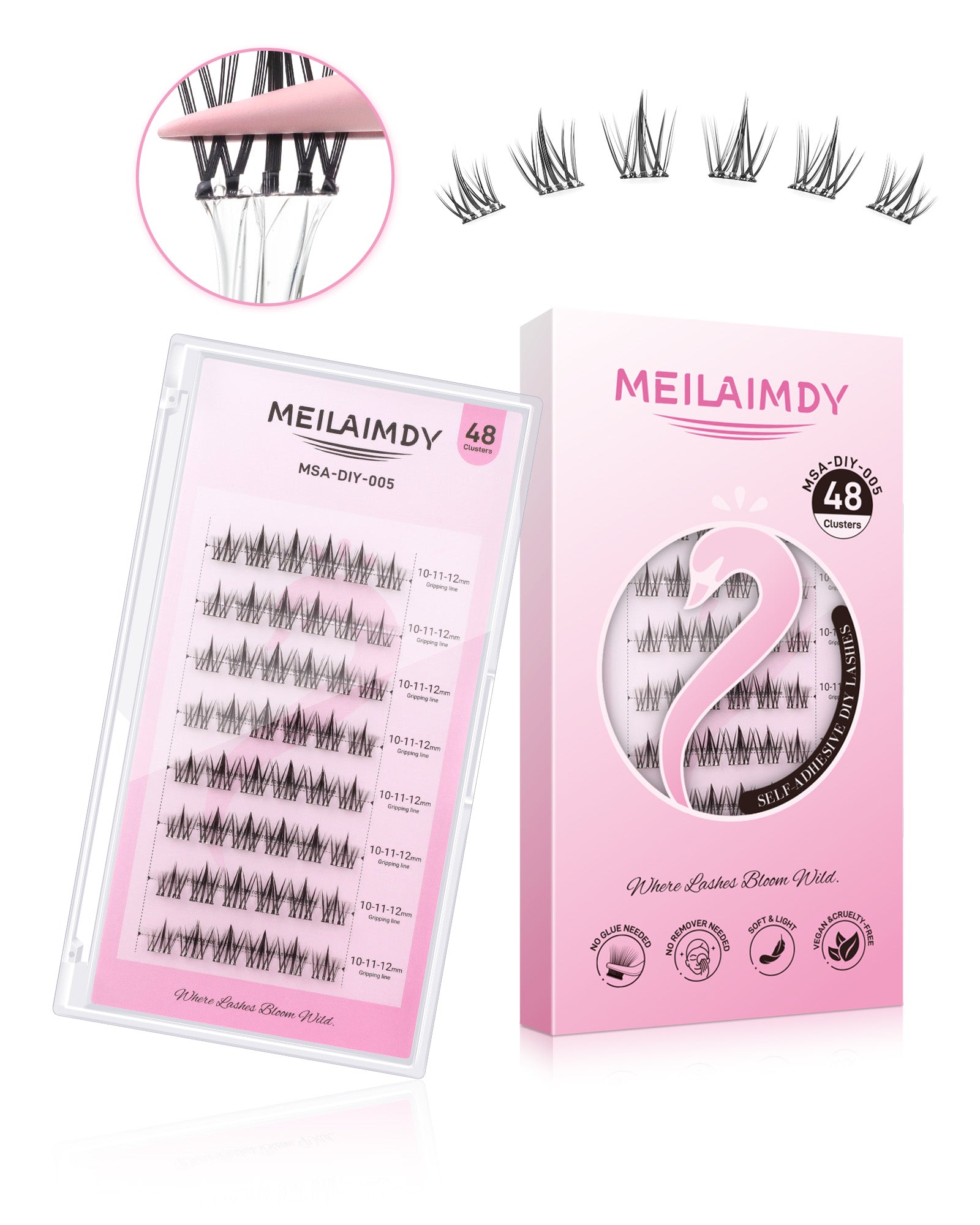 MEILAIMDY Self Adhesive DIY Lashes,0.07mm C Curl 48 Clusters 10-12mm Mixed Length Pre Glued False Eyelashes No Glue Needed Natural MSA-DIY-005
