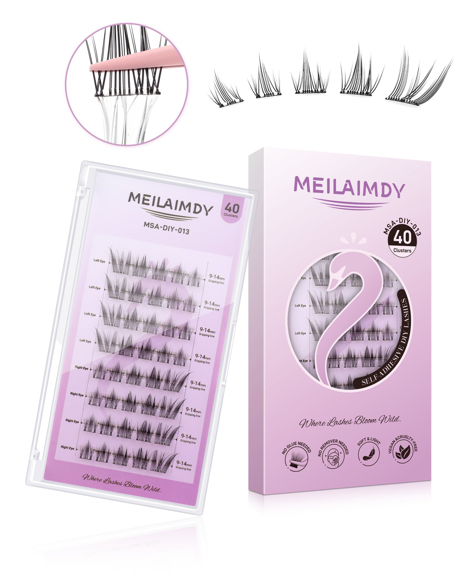 MEILAIMDY Self Adhesive DIY Lashes,0.07mm C Curl 40 Clusters 9-14mm Mixed Length Pre Glued False Eyelashes No Glue Needed Natural Wispy MSA-DIY-013