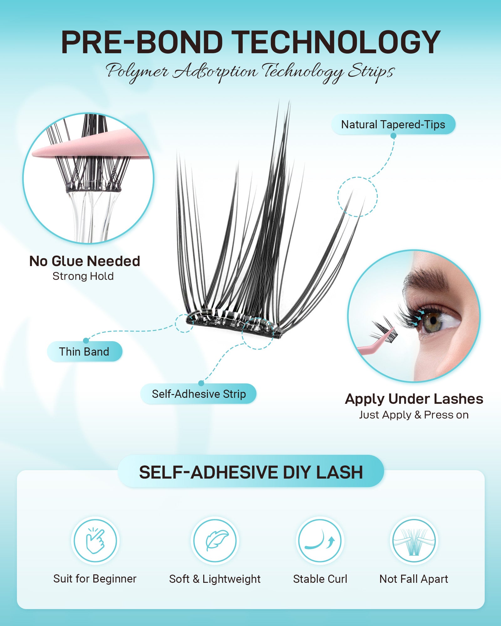 MEILAIMDY Self Adhesive DIY Lashes,0.07mm C Curl 56 Clusters 6-15mm Mixed Length Pre Glued False Eyelashes No Glue Needed Wispy Makeup MSA-DIY-009