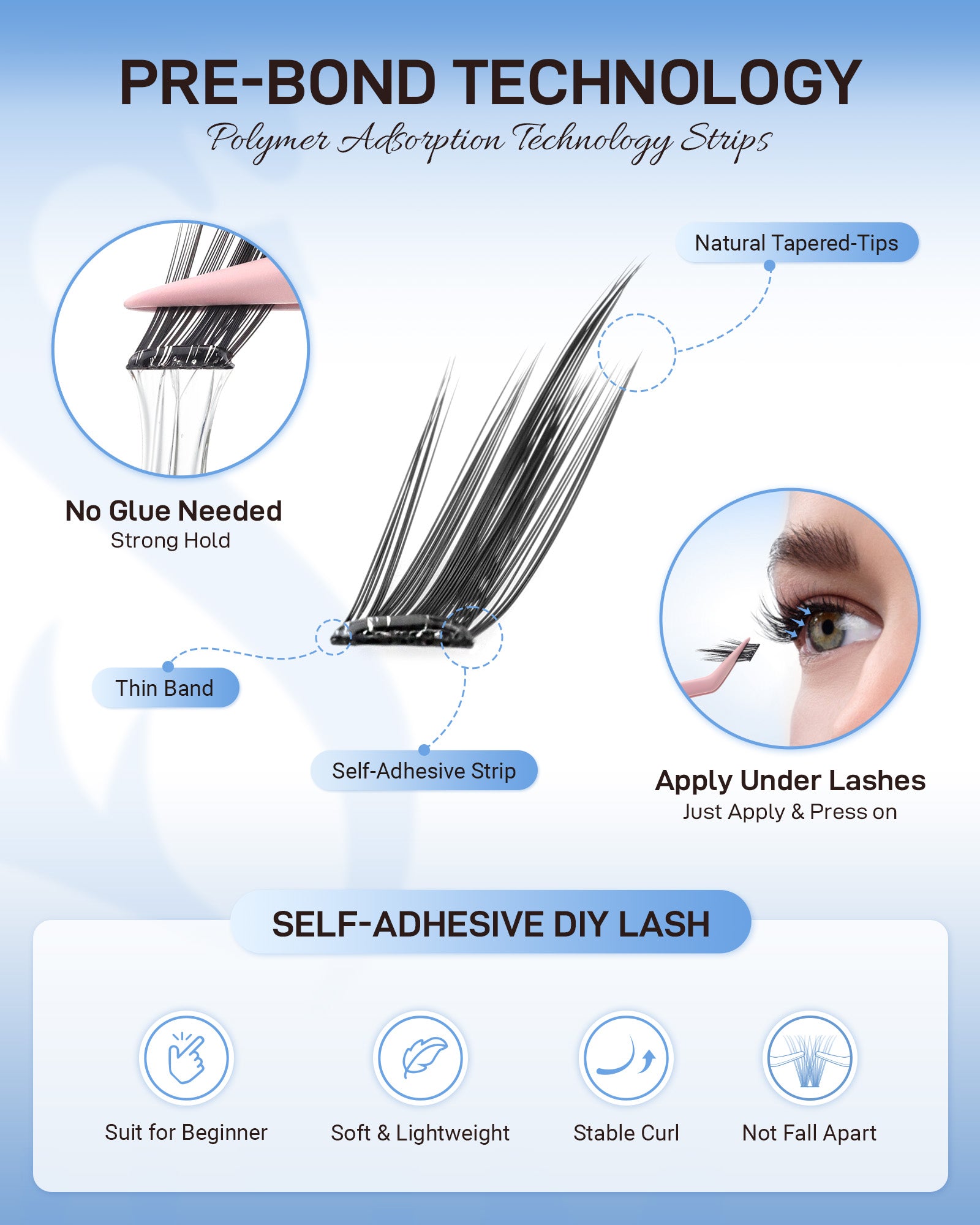MEILAIMDY Self Adhesive DIY Lashes,0.07mm C Curl 96 Clusters 10-14mm Mixed Length Pre Glued False Eyelashes No Glue Needed Natural MSA-DIY-008