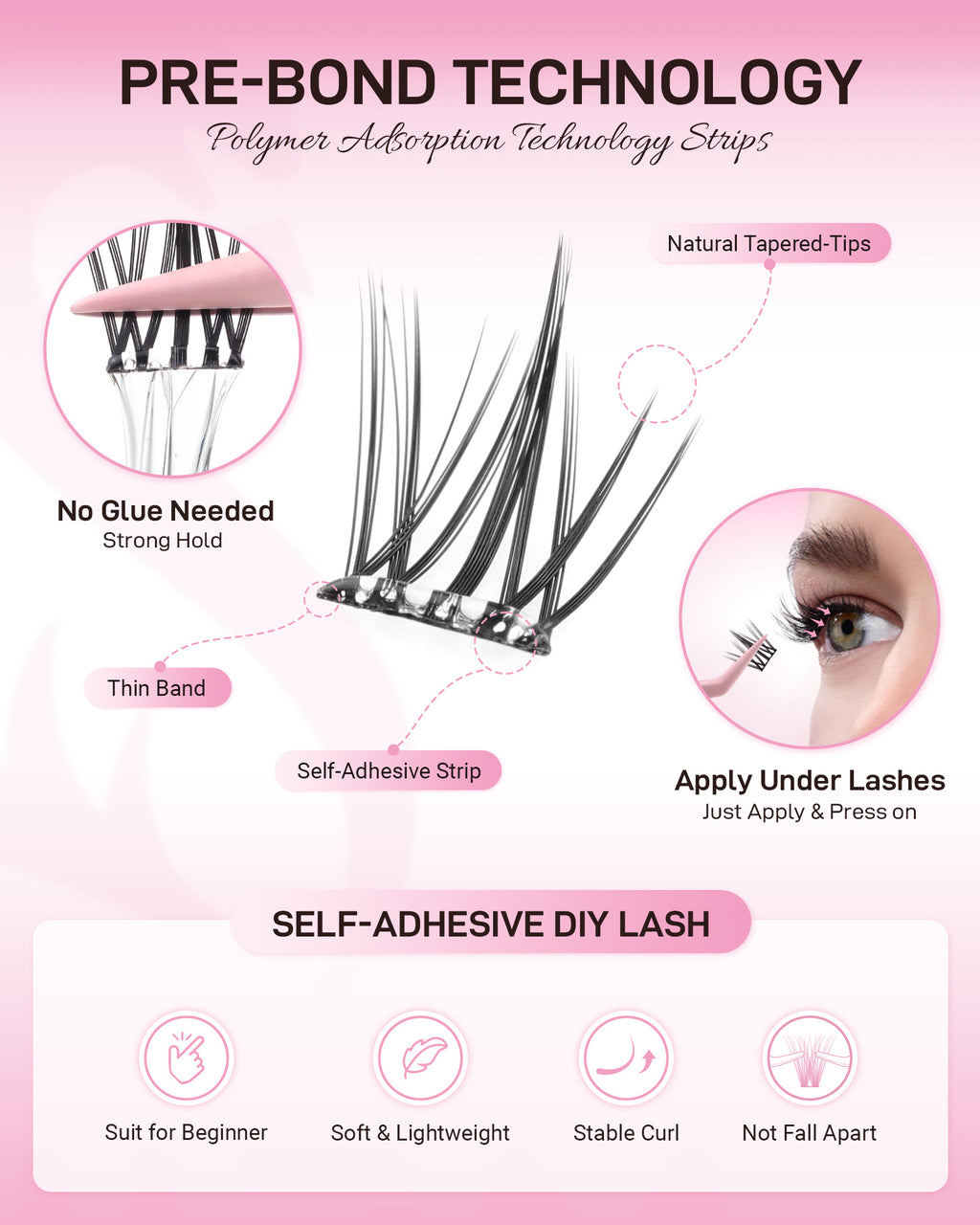 MEILAIMDY Self Adhesive DIY Lashes,0.07mm C Curl 48 Clusters 10-12mm Mixed Length Pre Glued False Eyelashes No Glue Needed Natural MSA-DIY-005