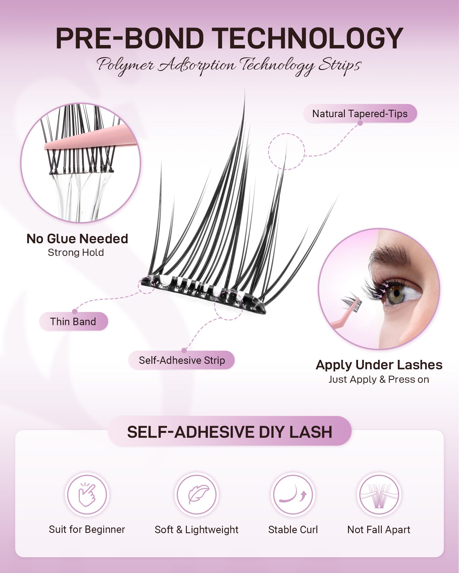 MEILAIMDY Self Adhesive DIY Lashes,0.07mm C Curl 40 Clusters 9-14mm Mixed Length Pre Glued False Eyelashes No Glue Needed Natural Wispy MSA-DIY-013