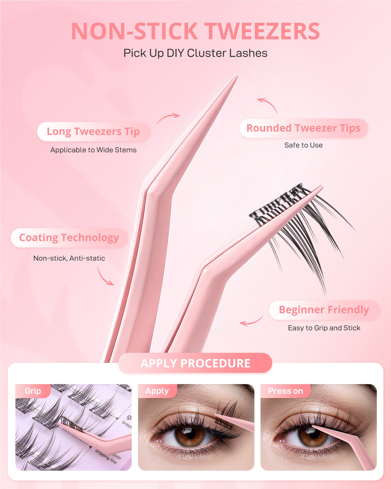 MEILAIMDY 4-in-1 DIY Lash Tweezer Set, Non-Stick Pink Eyelash Applicator Tools with 3 PCS Tweezers & Lash Brush for Upper & Bottom Cluster Lashes Lightweight
