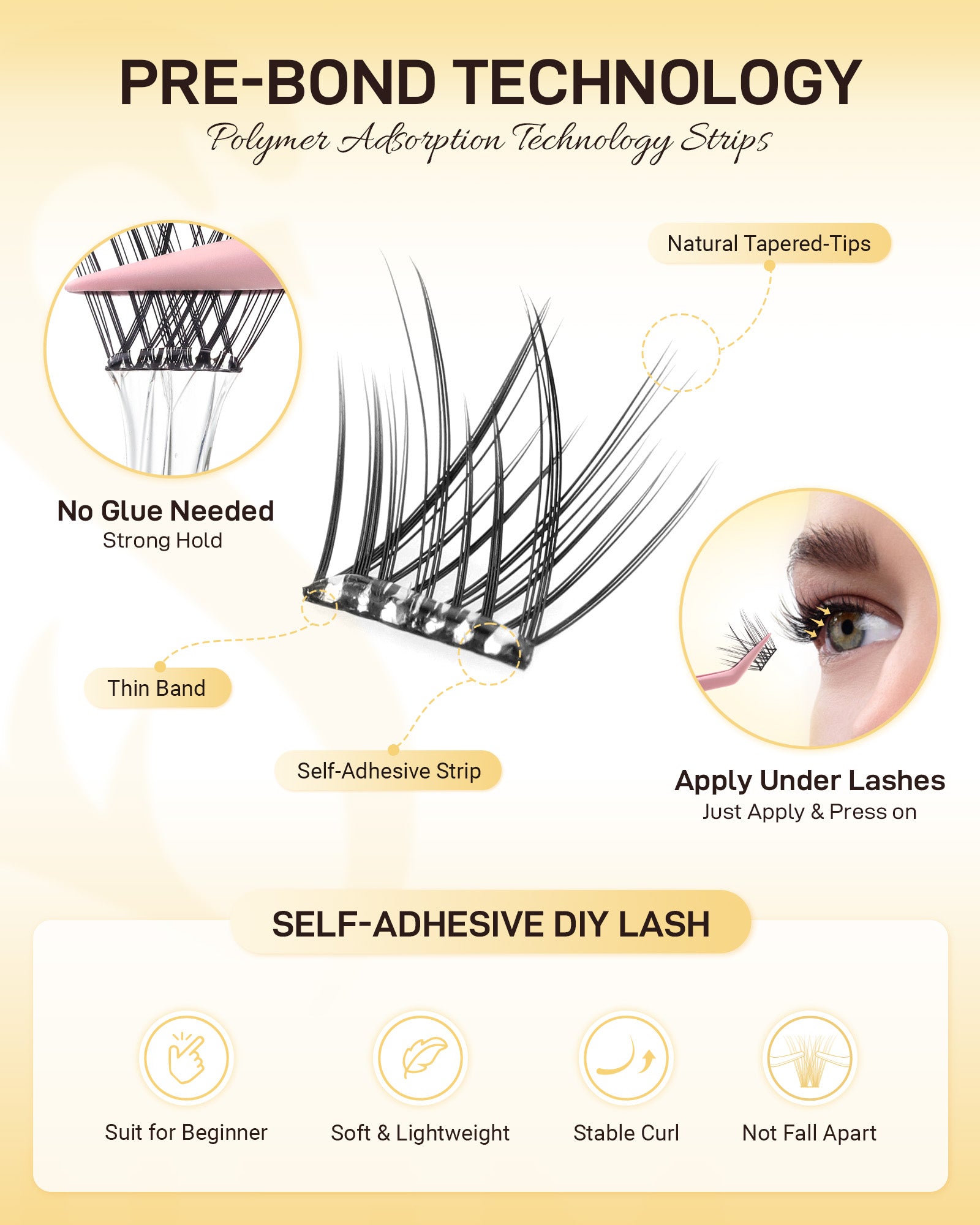 MEILAIMDY Self Adhesive DIY Lashes,0.07mm C Curl 48 Clusters 10-16mm Mixed Length Pre Glued False Eyelashes No Glue Needed Volume MSA-DIY-003