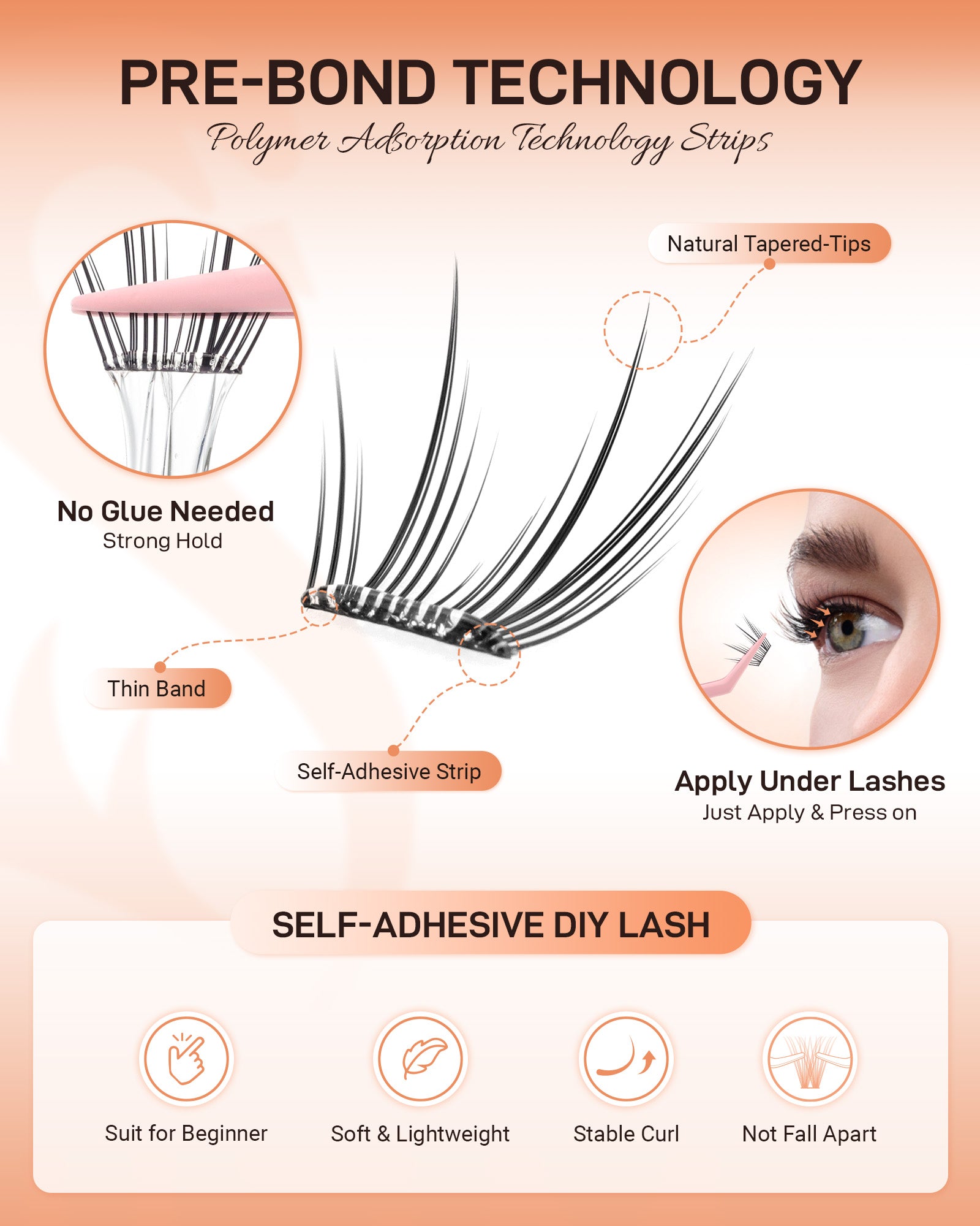 MEILAIMDY Self Adhesive DIY Lashes,0.07mm C Curl 40 Clusters 10-14mm Mixed Length Pre Glued False Eyelashes No Glue Needed Wispy MSA-DIY-011