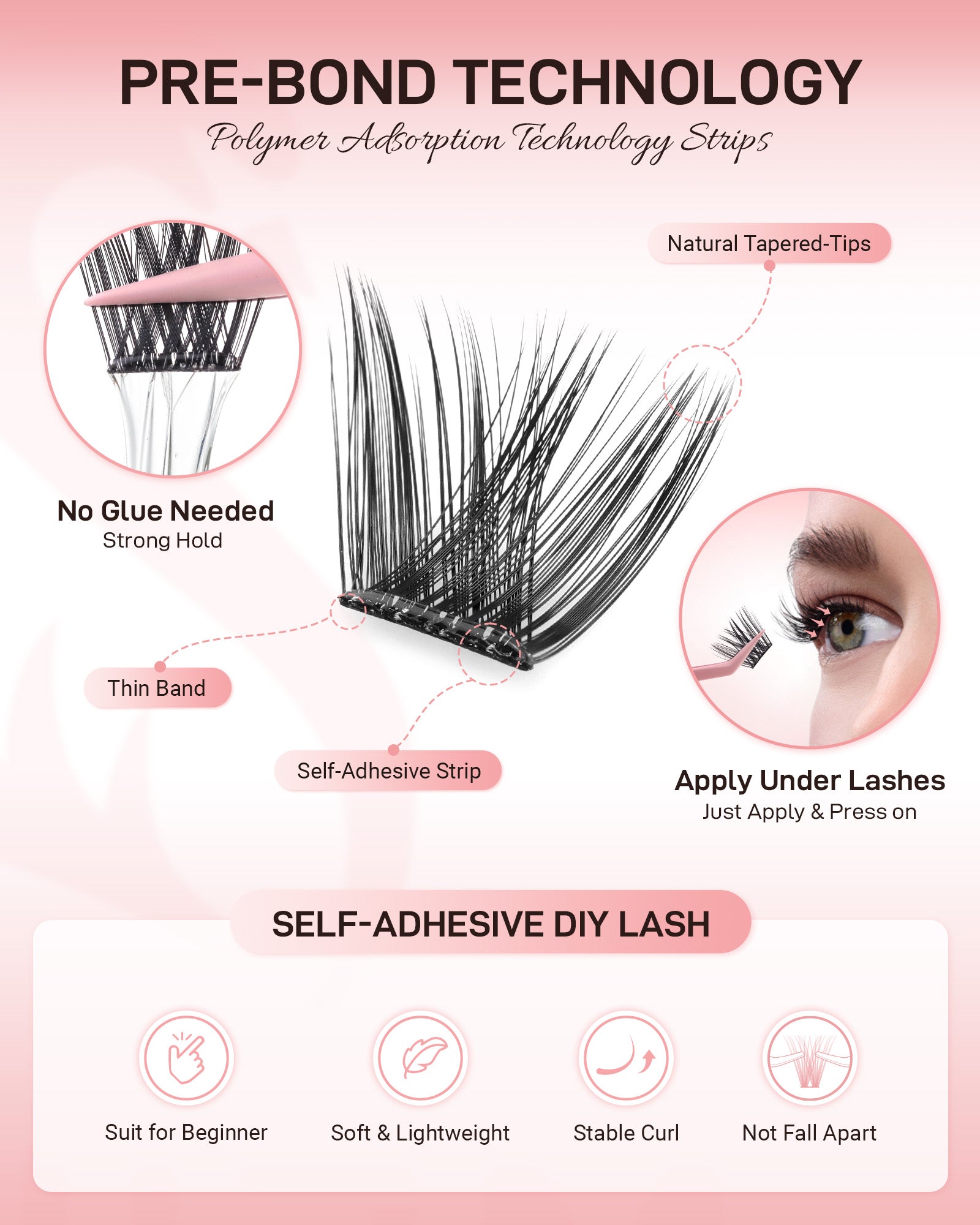 MEILAIMDY Self Adhesive DIY Lashes,0.07mm C Curl 48 Clusters 10-16mm Mixed Length Pre Glued False Eyelashes No Glue Needed Volume MSA-DIY-002