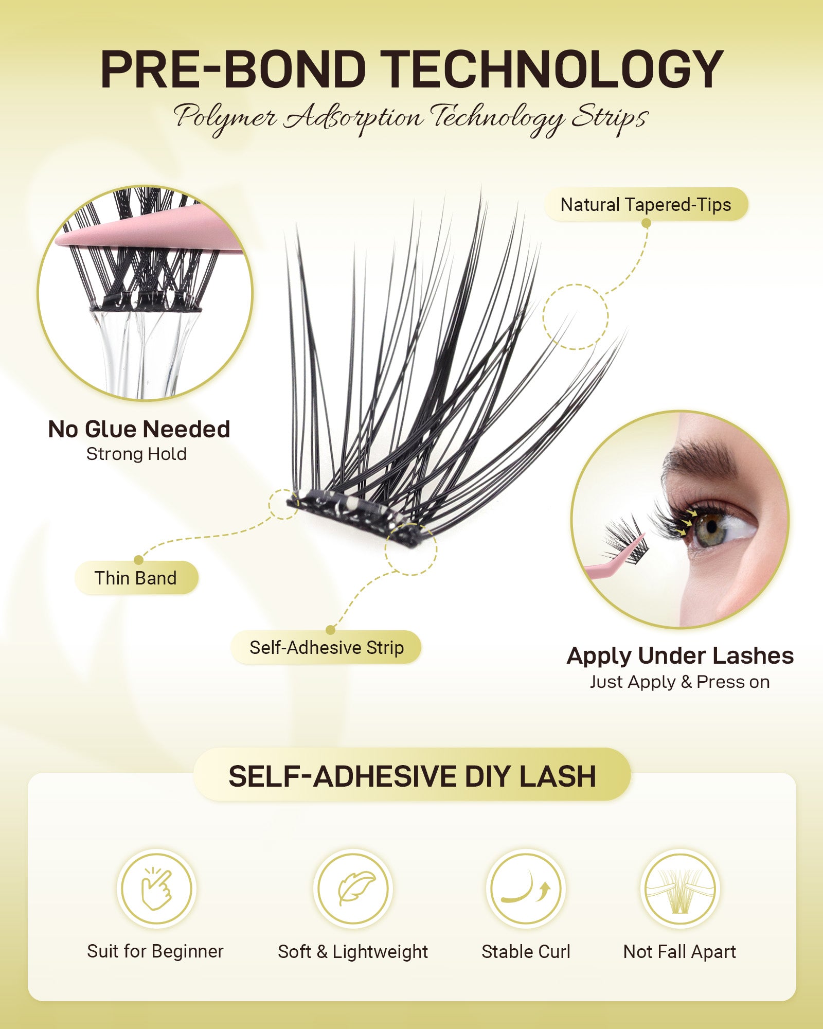 MEILAIMDY Self Adhesive DIY Lashes,0.07mm C Curl 48 Clusters 10-16mm Mixed Length Pre Glued False Eyelashes No Glue Needed Natural MSA-DIY-004