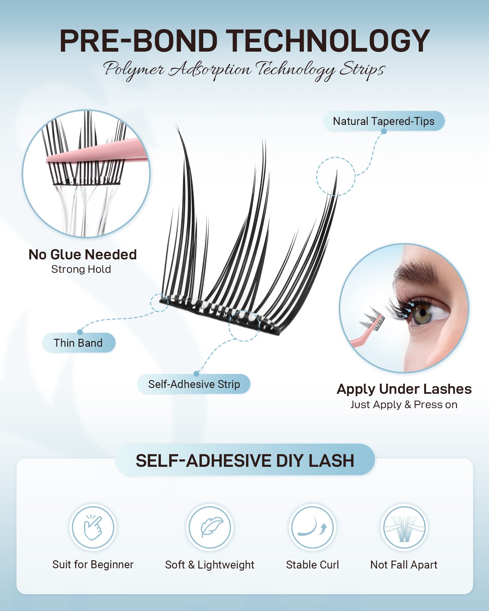 MEILAIMDY Self Adhesive DIY Lashes,0.07mm C Curl 48 Clusters 11-13mm Mixed Length  Pre Glued False Eyelashes No Glue Needed Natural Wispy MSA-DIY-016