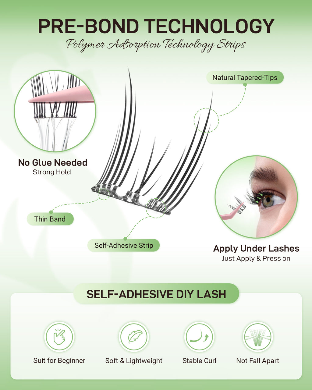 MEILAIMDY Self Adhesive DIY Lashes,0.07mm C Curl 48 Clusters 11-13mm Mixed Length Pre Glued False Eyelashes No Glue Needed Natural MSA-DIY-006
