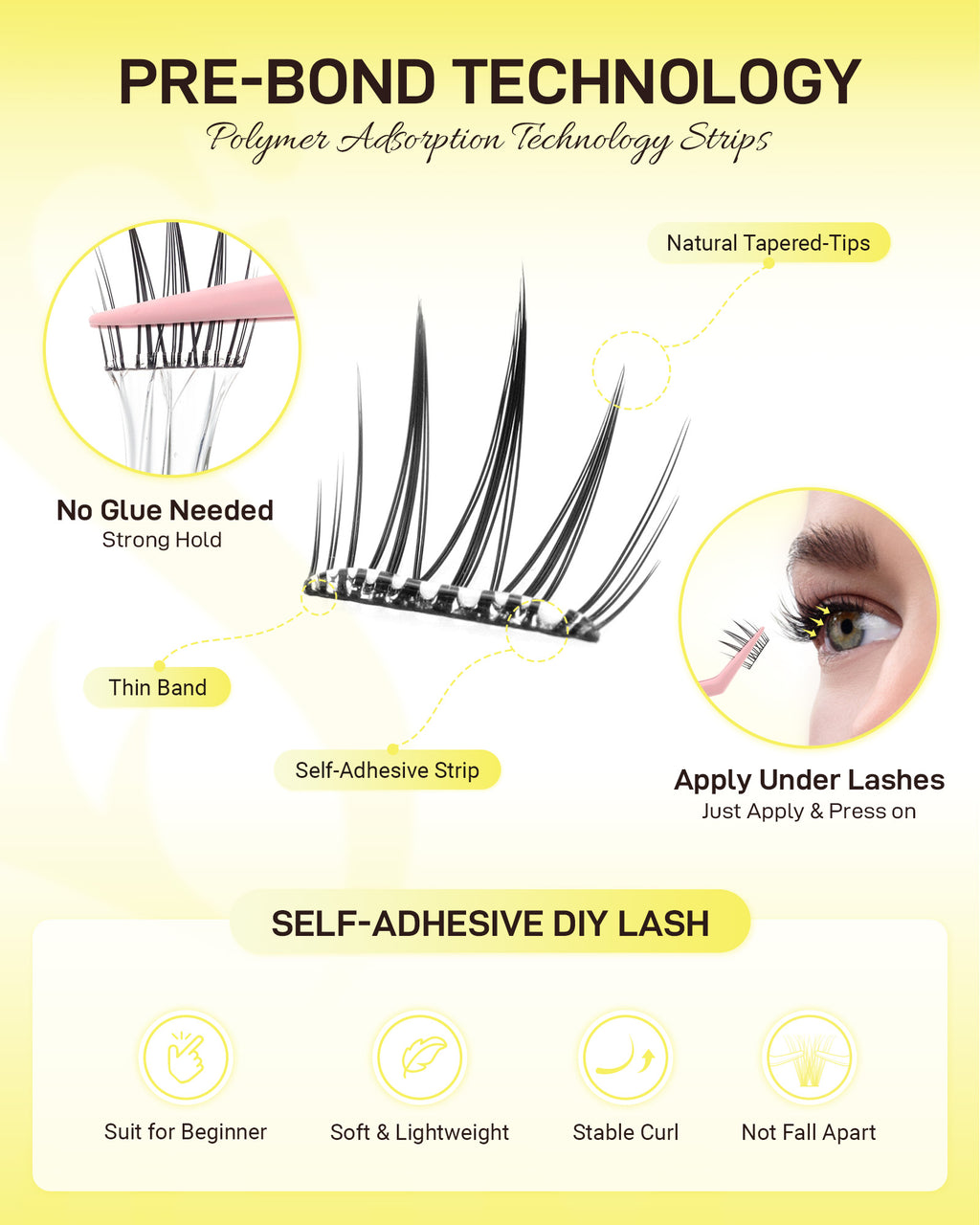 MEILAIMDY Self Adhesive DIY Lashes,0.07mm C Curl 40 Clusters 10-14mm Mixed Length Pre Glued False Eyelashes No Glue Needed Wispy MSA-DIY-012
