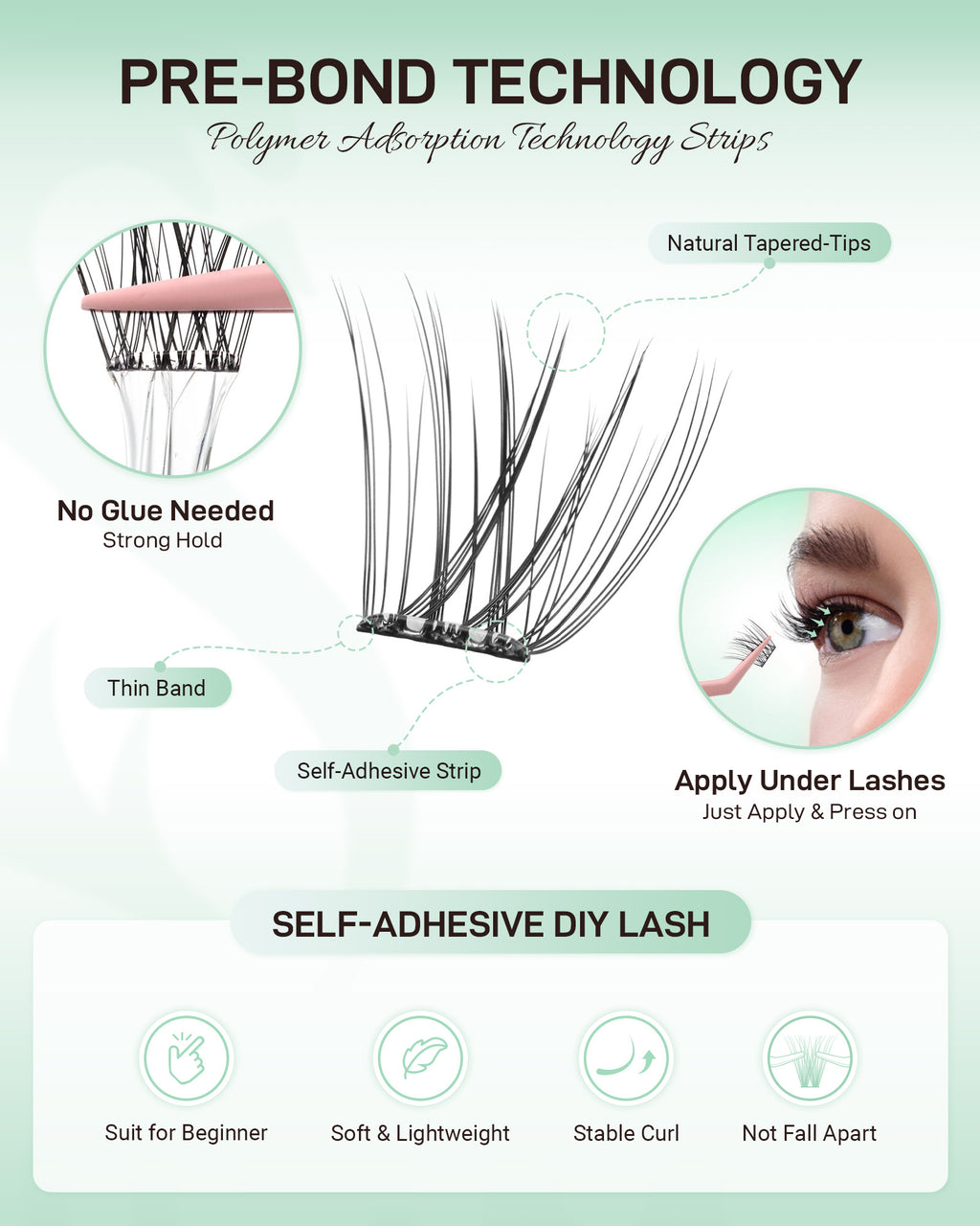 MEILAIMDY Self Adhesive DIY Lashes,0.07mm C Curl 64 Clusters 10-16mm Mixed Length Pre Glued False Eyelashes No Glue Needed Natural Wispy MSA-DIY-015
