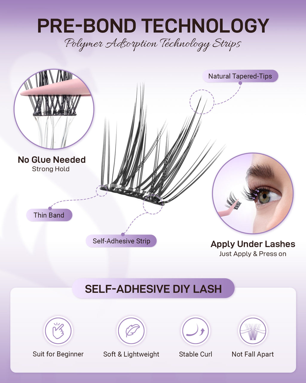 MEILAIMDY Self Adhesive DIY Lashes,0.07mm C Curl 48 Clusters 12-14mm Mixed Length Pre Glued False Eyelashes No Glue Needed Natural Wispy MSA-DIY-010