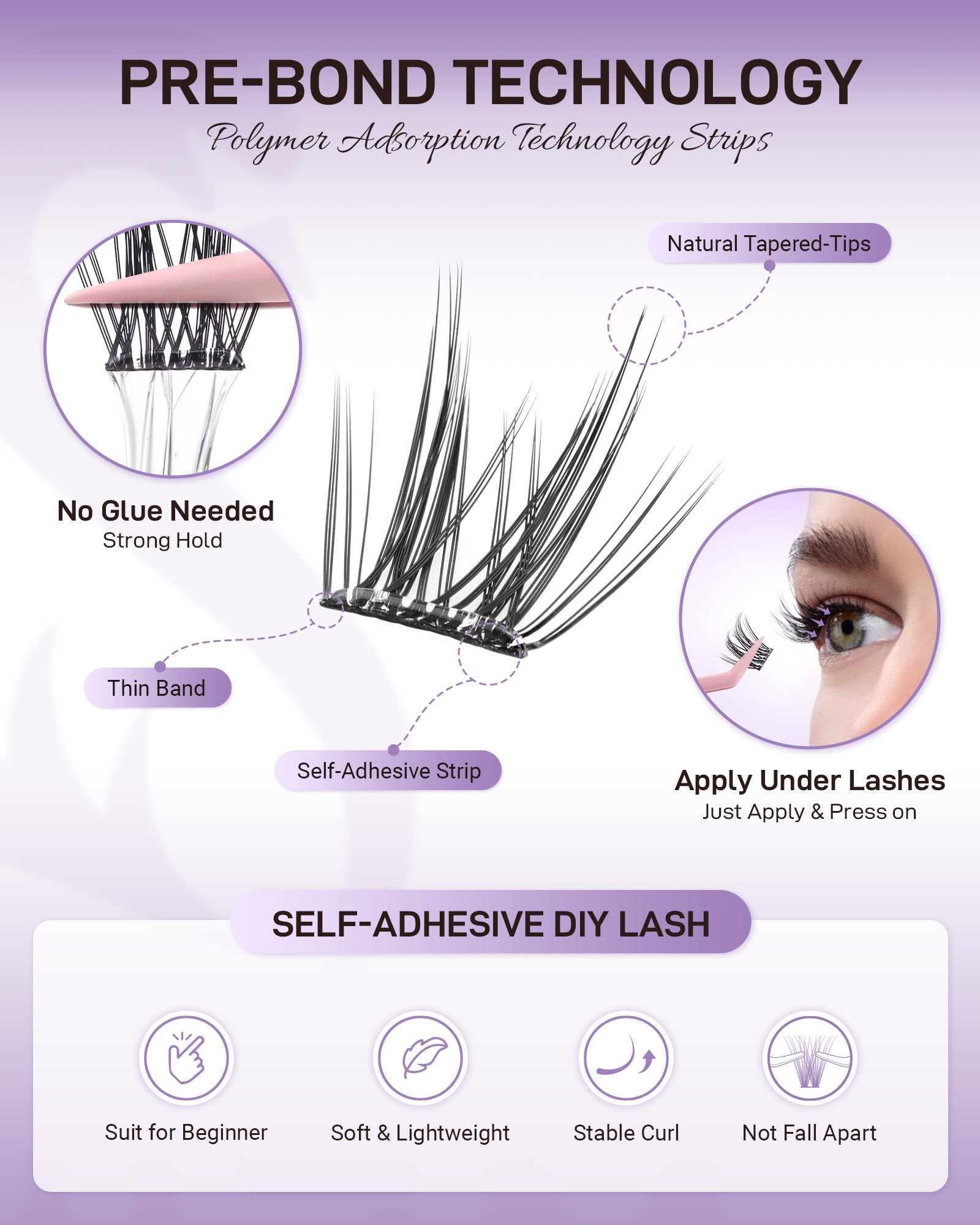 MEILAIMDY Self Adhesive DIY Lashes,0.07mm C Curl 48 Clusters 12-14mm Mixed Length Pre Glued False Eyelashes No Glue Needed Natural Wispy MSA-DIY-010