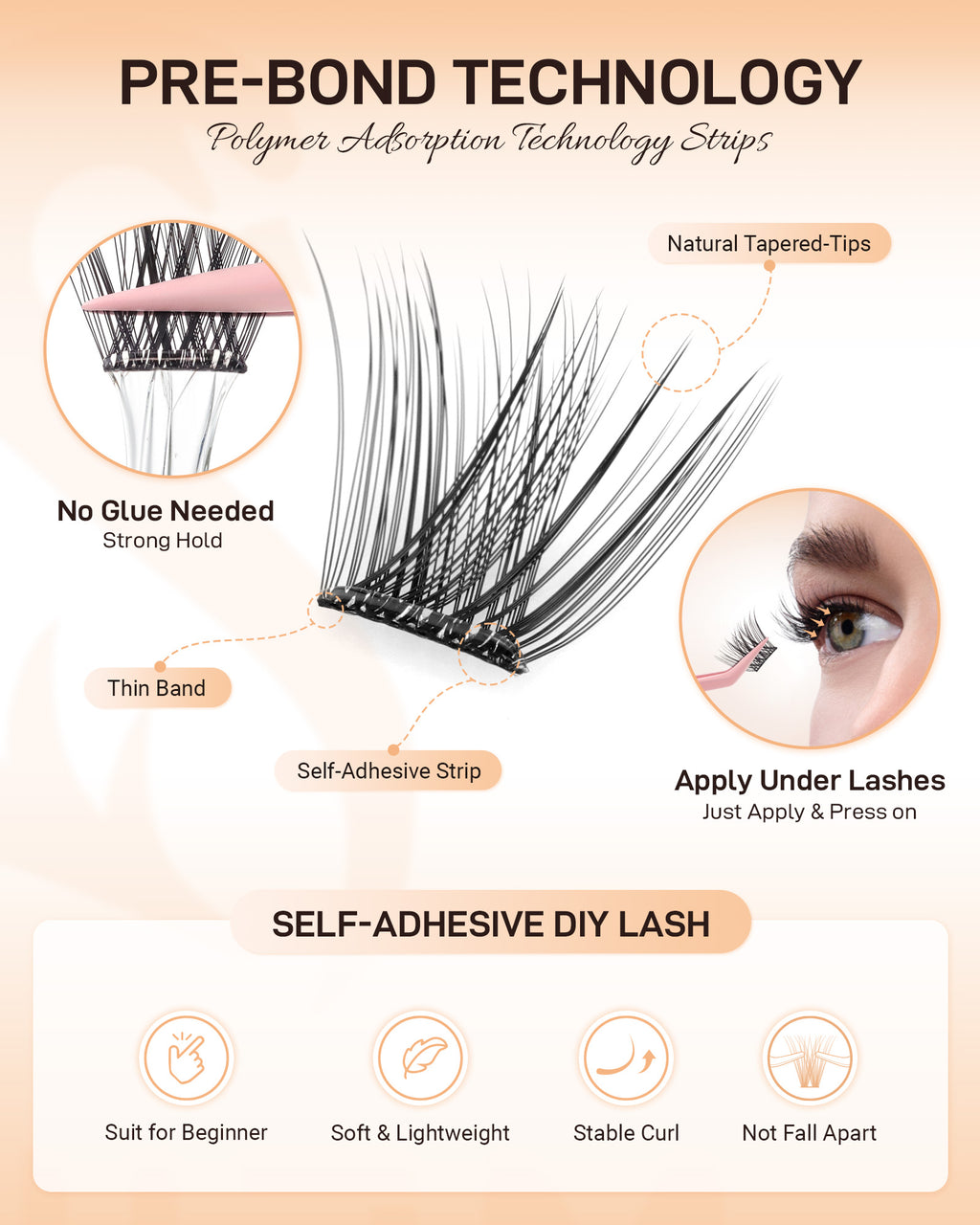 MEILAIMDY Self Adhesive DIY Lashes,0.07mm C Curl 40 Clusters 10-16mm Mixed Length Pre Glued False Eyelashes No Glue Needed Natural MSA-DIY-001