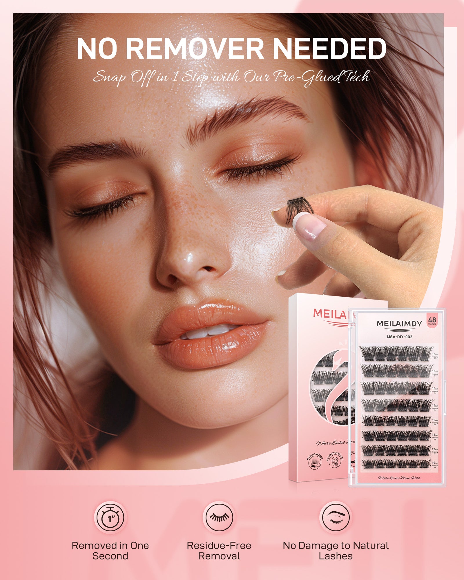 MEILAIMDY Self Adhesive DIY Lashes,0.07mm C Curl 48 Clusters 10-16mm Mixed Length Pre Glued False Eyelashes No Glue Needed Volume MSA-DIY-002
