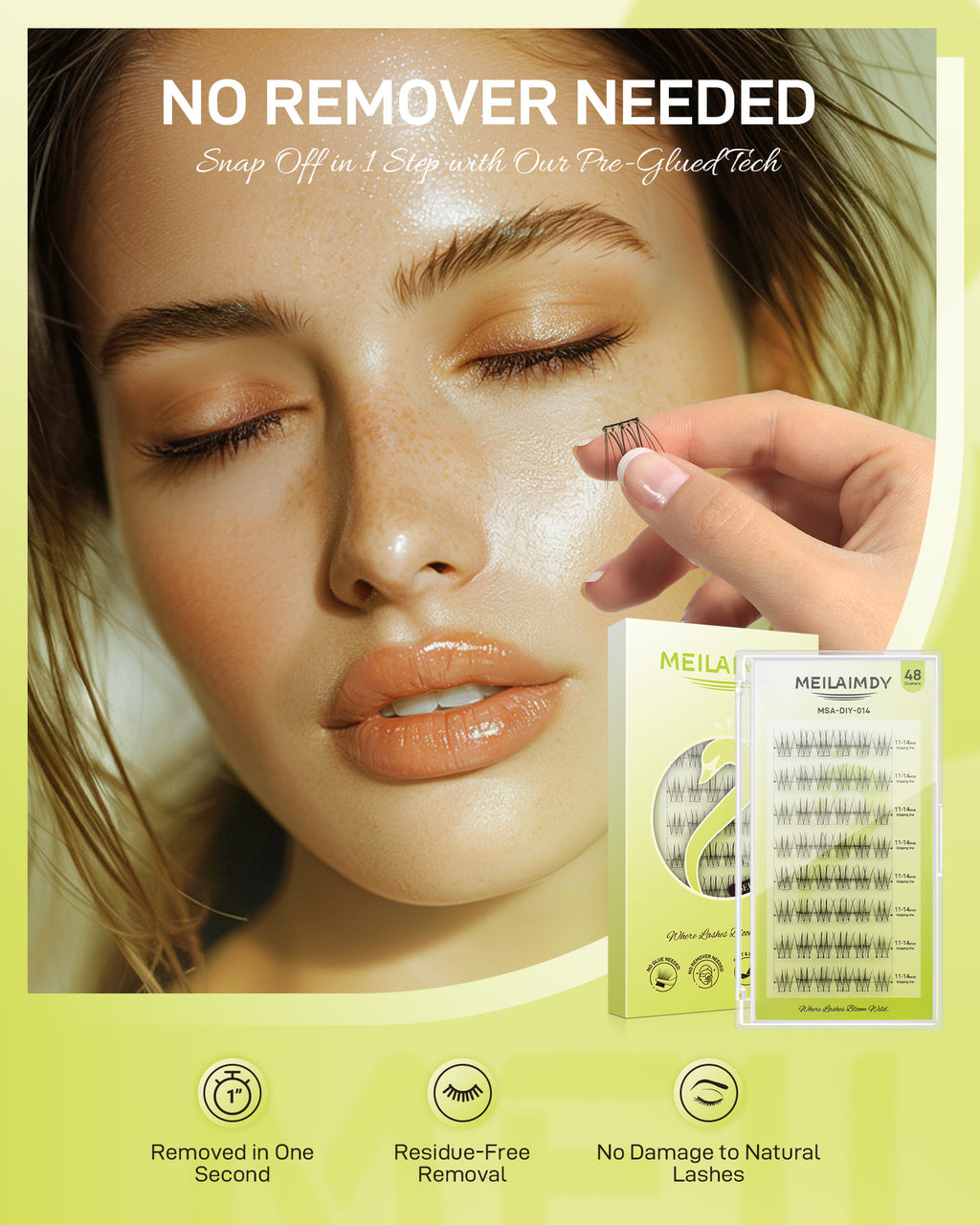 MEILAIMDY Self Adhesive DIY Lashes,0.07mm C Curl 48 Clusters 11-14mm Mixed Length Pre Glued False Eyelashes No Glue Needed Natural Wispy MSA-DIY-014