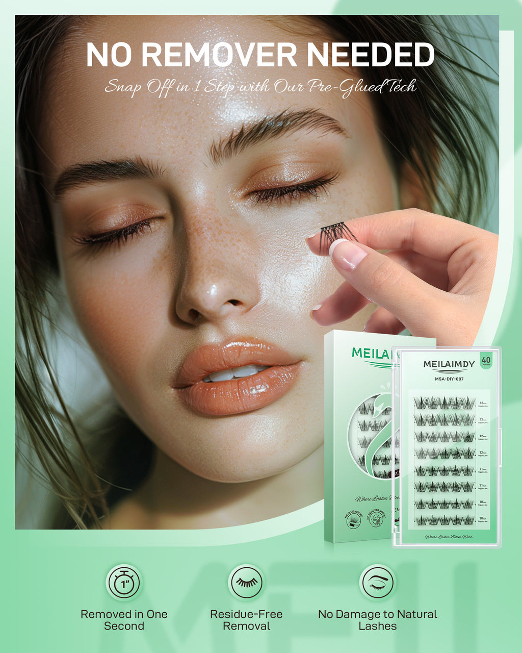 MEILAIMDY Self Adhesive DIY Lashes,0.07mm C Curl 40 Clusters 10-13mm Mixed Length Pre Glued False Eyelashes No Glue Needed Natural MSA-DIY-007