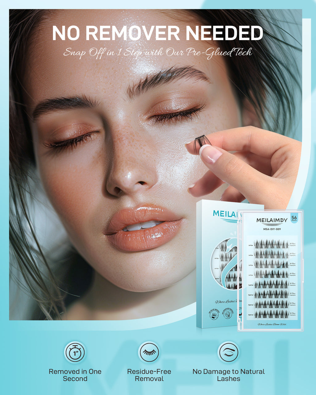 MEILAIMDY Self Adhesive DIY Lashes,0.07mm C Curl 56 Clusters 6-15mm Mixed Length Pre Glued False Eyelashes No Glue Needed Wispy Makeup MSA-DIY-009