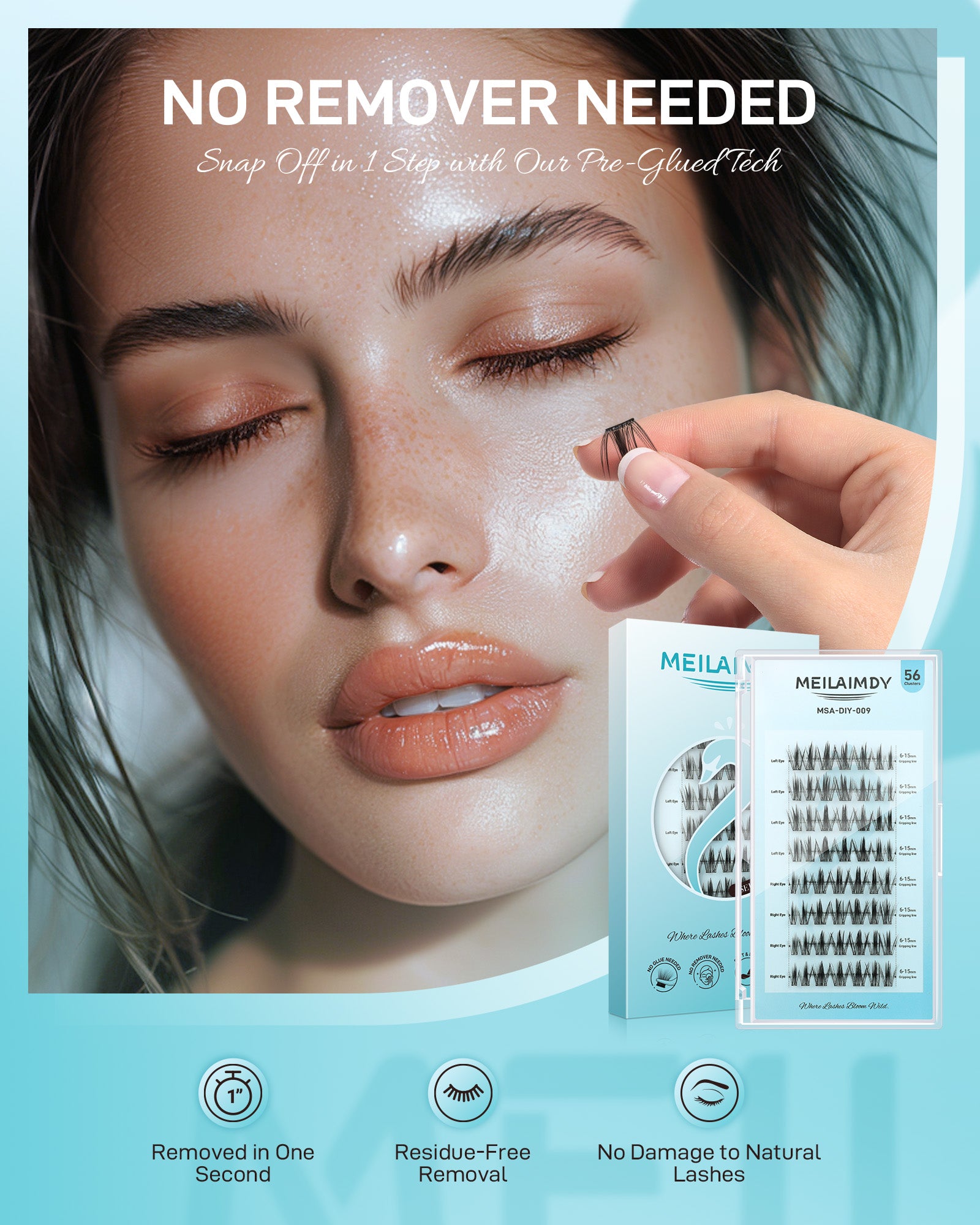 MEILAIMDY Self Adhesive DIY Lashes,0.07mm C Curl 56 Clusters 6-15mm Mixed Length Pre Glued False Eyelashes No Glue Needed Wispy Makeup MSA-DIY-009