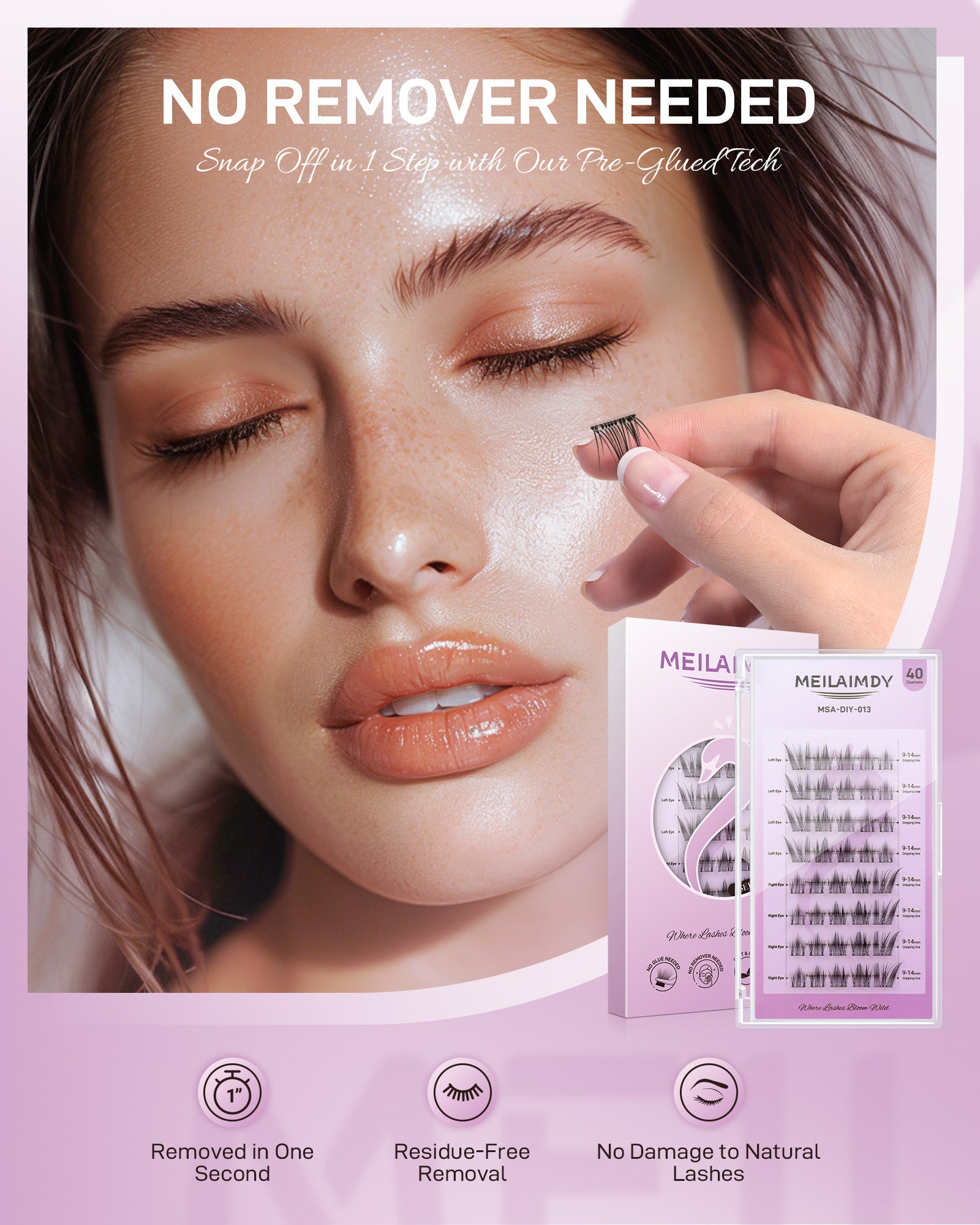MEILAIMDY Self Adhesive DIY Lashes,0.07mm C Curl 40 Clusters 9-14mm Mixed Length Pre Glued False Eyelashes No Glue Needed Natural Wispy MSA-DIY-013