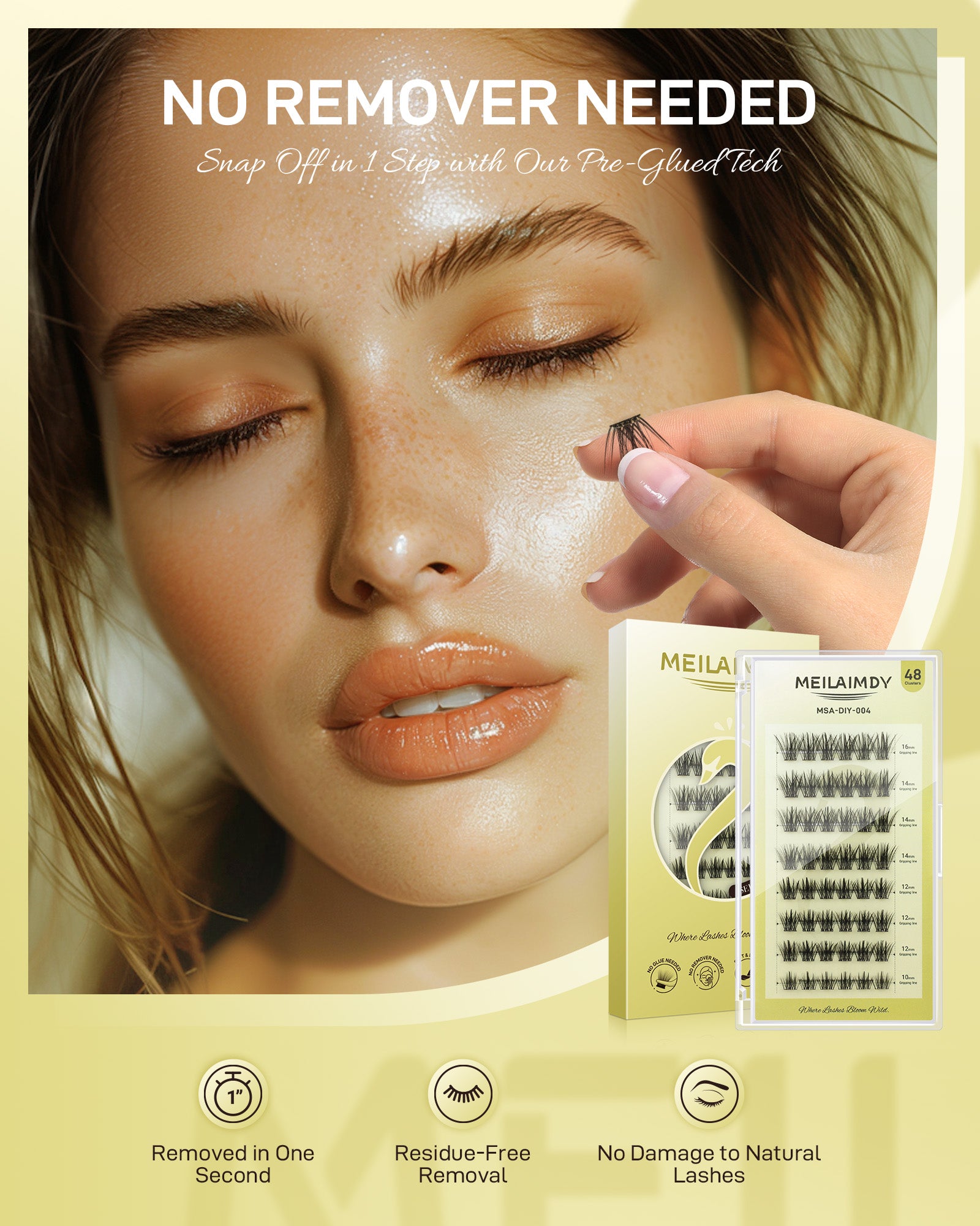 MEILAIMDY Self Adhesive DIY Lashes,0.07mm C Curl 48 Clusters 10-16mm Mixed Length Pre Glued False Eyelashes No Glue Needed Natural MSA-DIY-004